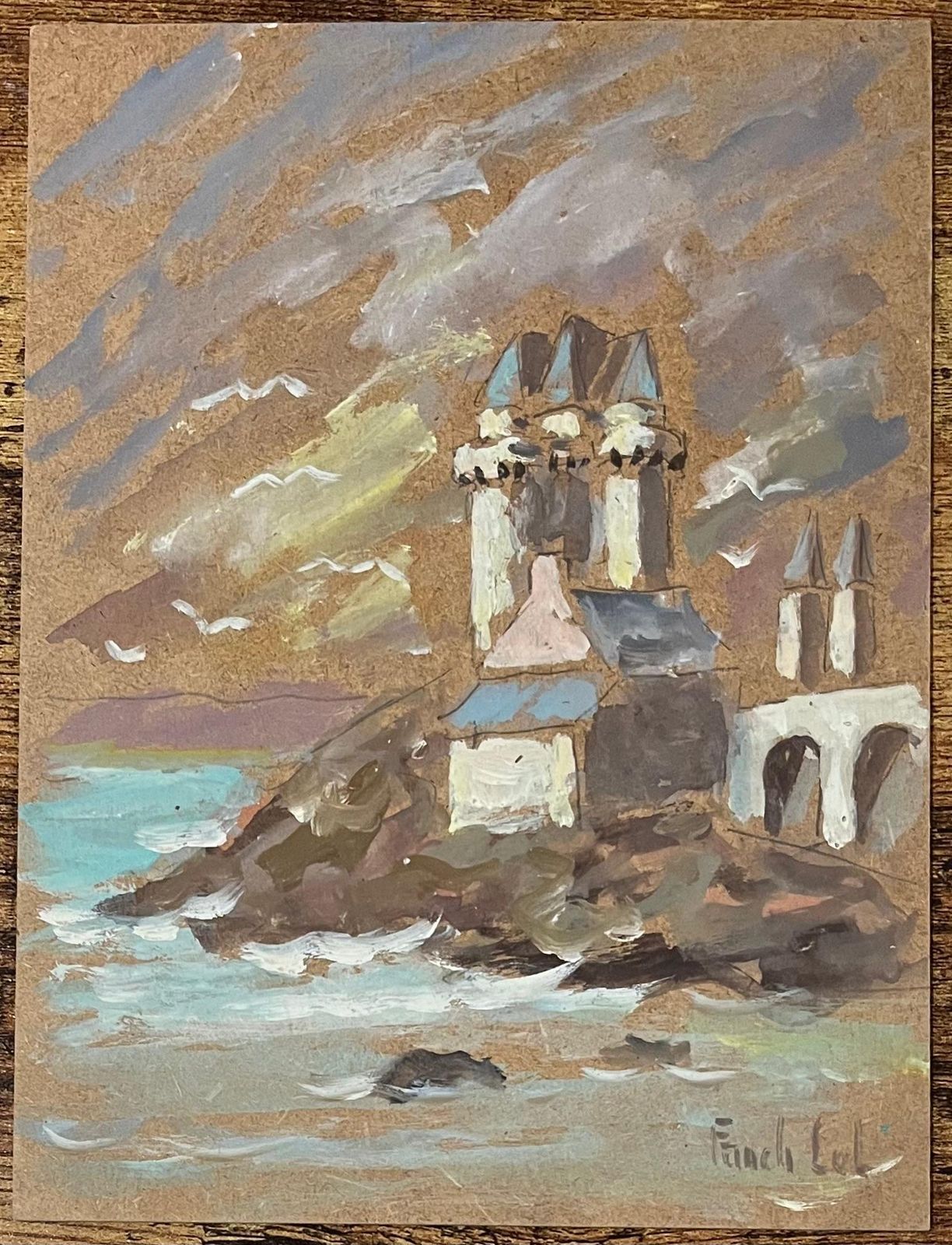 Fanch Lelfrench Impressionist Oil Painting, Coastal Architecture With Turrets And Seagull20th Century photo furniture