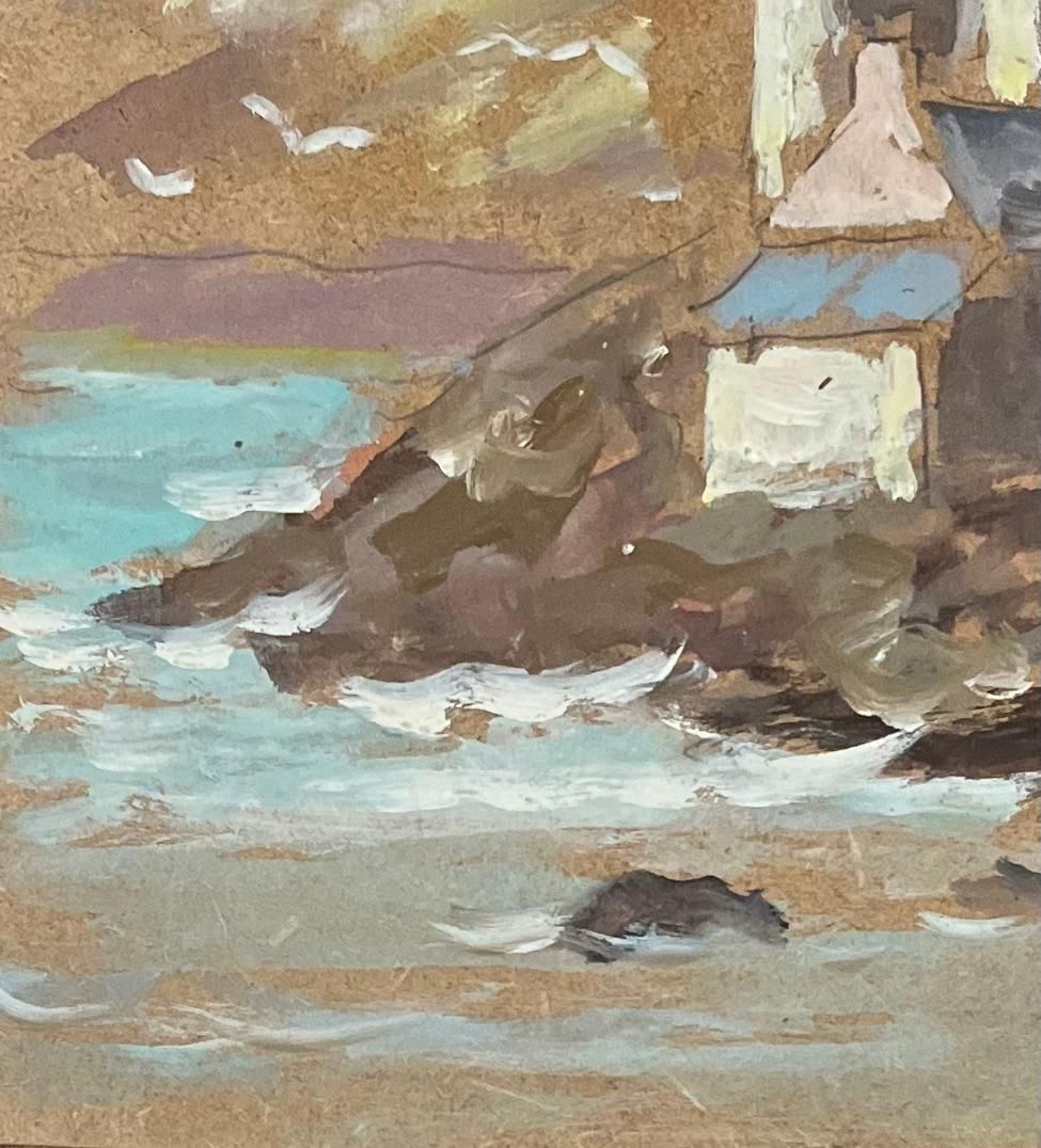 Fanch Lelfrench Impressionist Oil Painting, Coastal Architecture With Turrets And Seagull20th Century photo Art