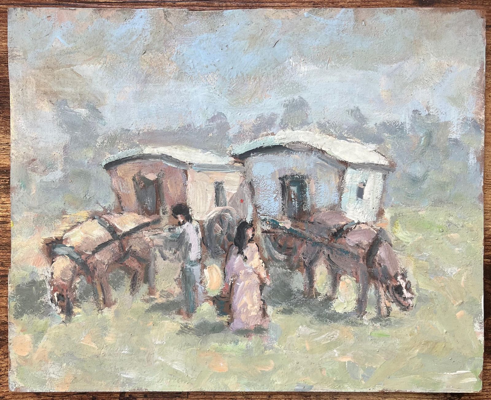 Fanch Lelfrench Impressionist Oil Painting Of Horses And Caravans In Pastoral Scene20th Century photo furniture