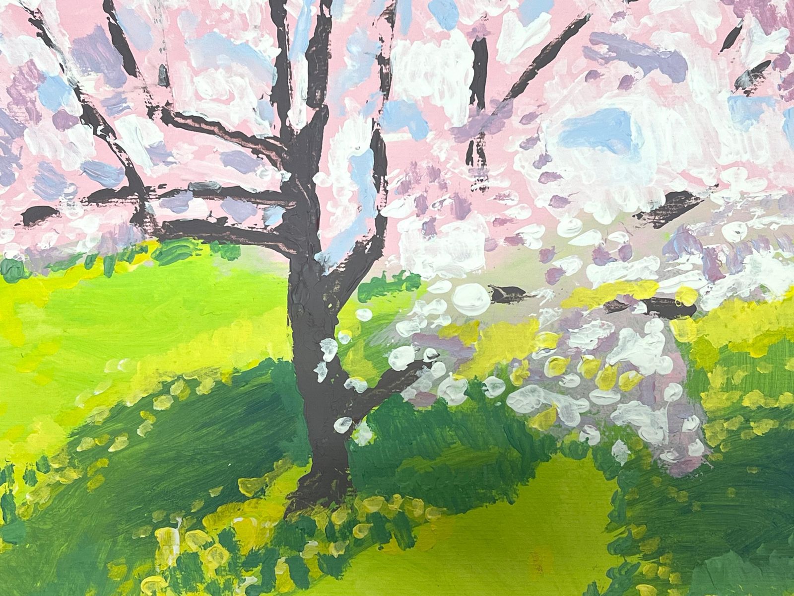 Helen Greenfielda Blooming Cherry Blossom Tree Casts Its Petals Over A Sun Kissed Green Meadow photo for sale