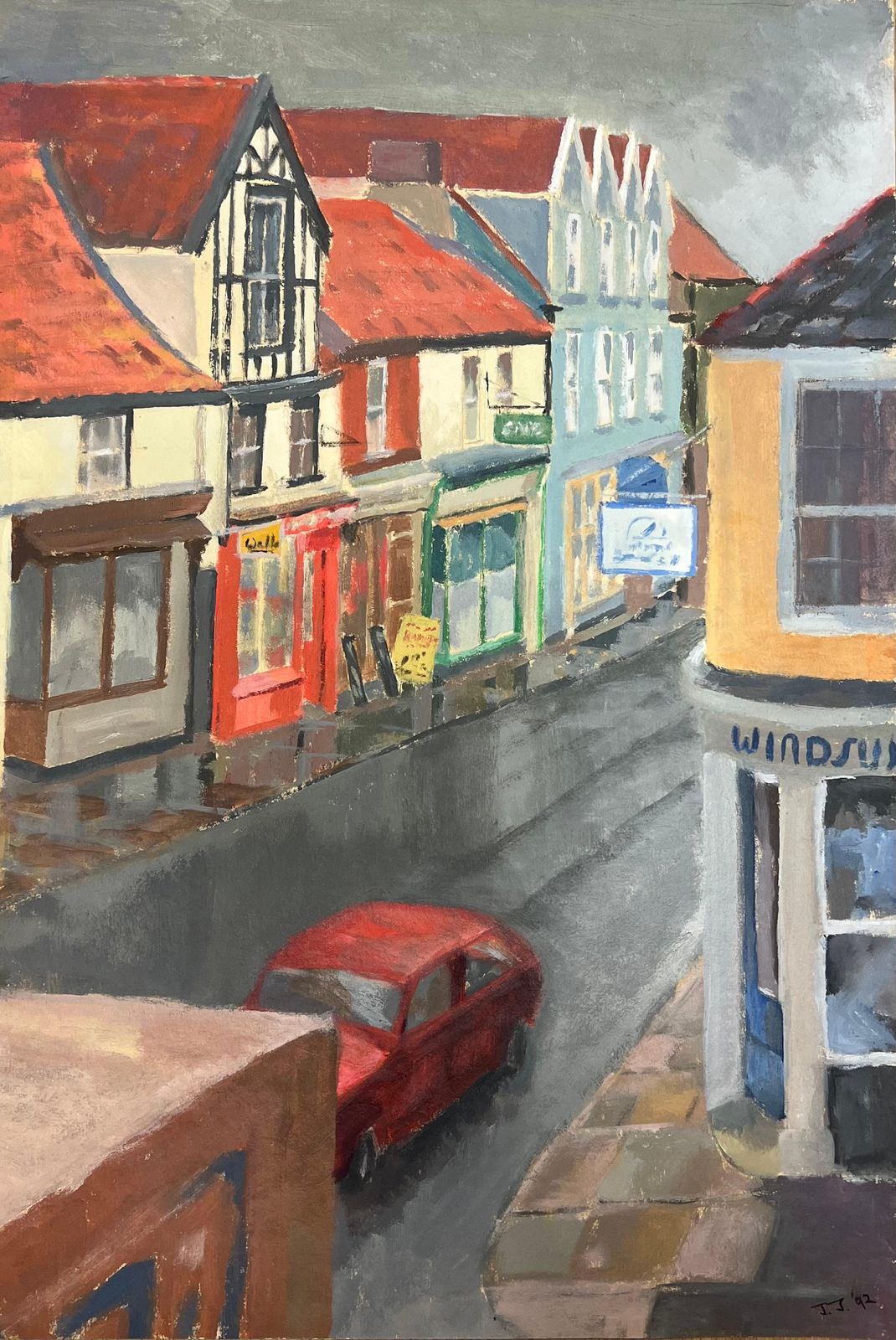 Jill Jacksonovercast Afternoon On A Quiet High Street With Red Car Driving