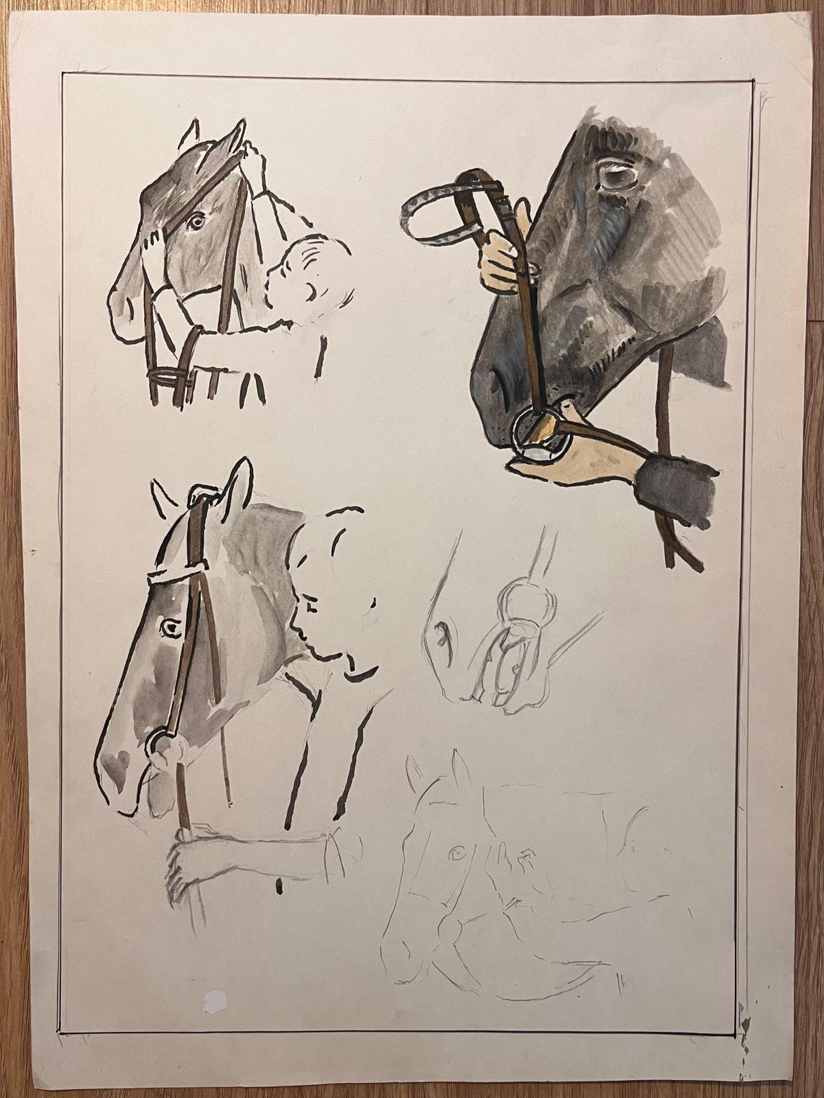 Robert Ladouoriginal French Anatomical Pencil Study Of A Horse Being Fitted With A Bridle20th Century photo furniture