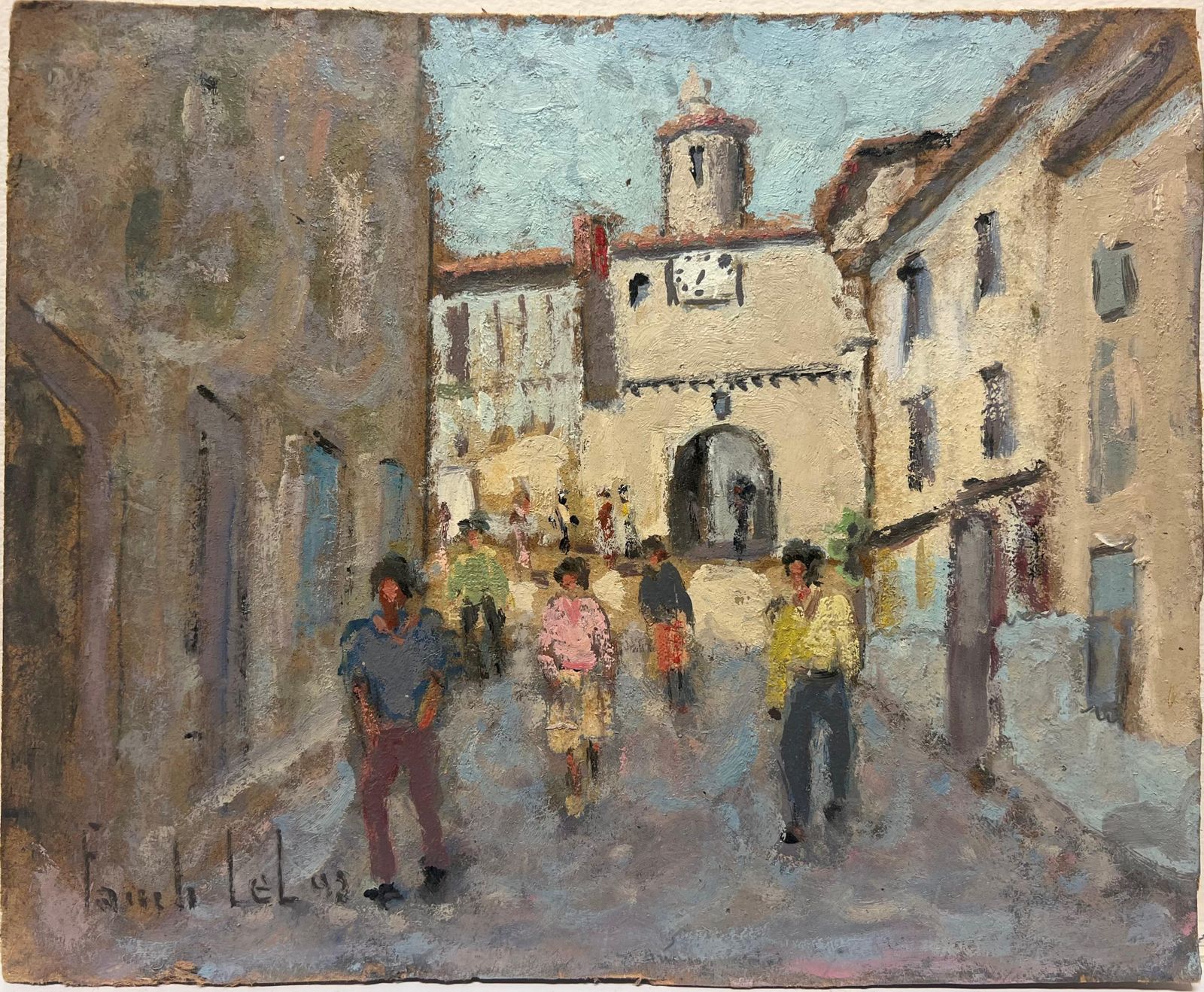 Fanch Lelfigures Strolling Through Cobbled Street Sunlit Village Path French Oil20th Century photo furniture