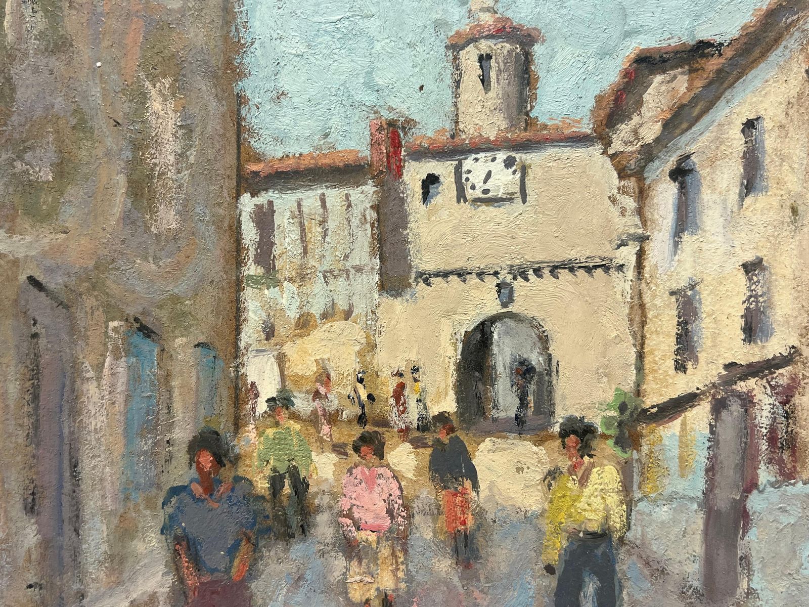 Fanch Lelfigures Strolling Through Cobbled Street Sunlit Village Path French Oil20th Century photo for sale