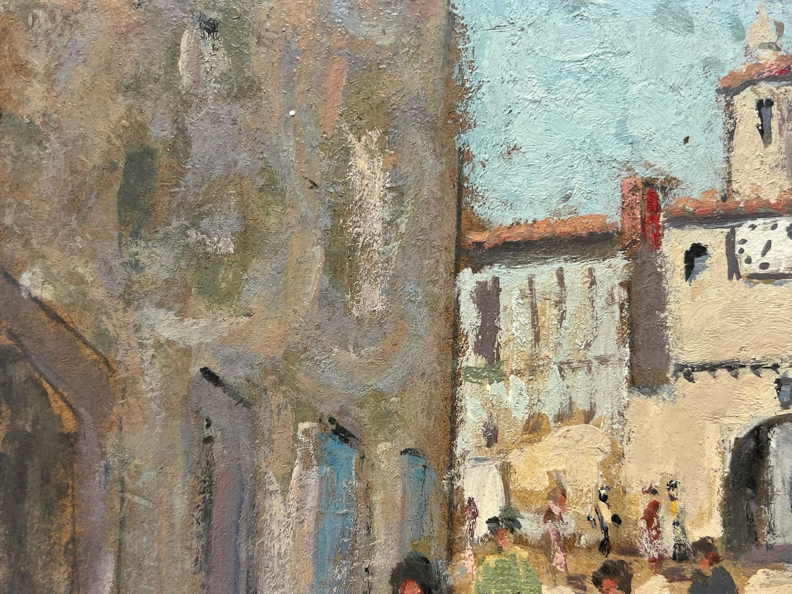 Fanch Lelfigures Strolling Through Cobbled Street Sunlit Village Path French Oil20th Century photo Art