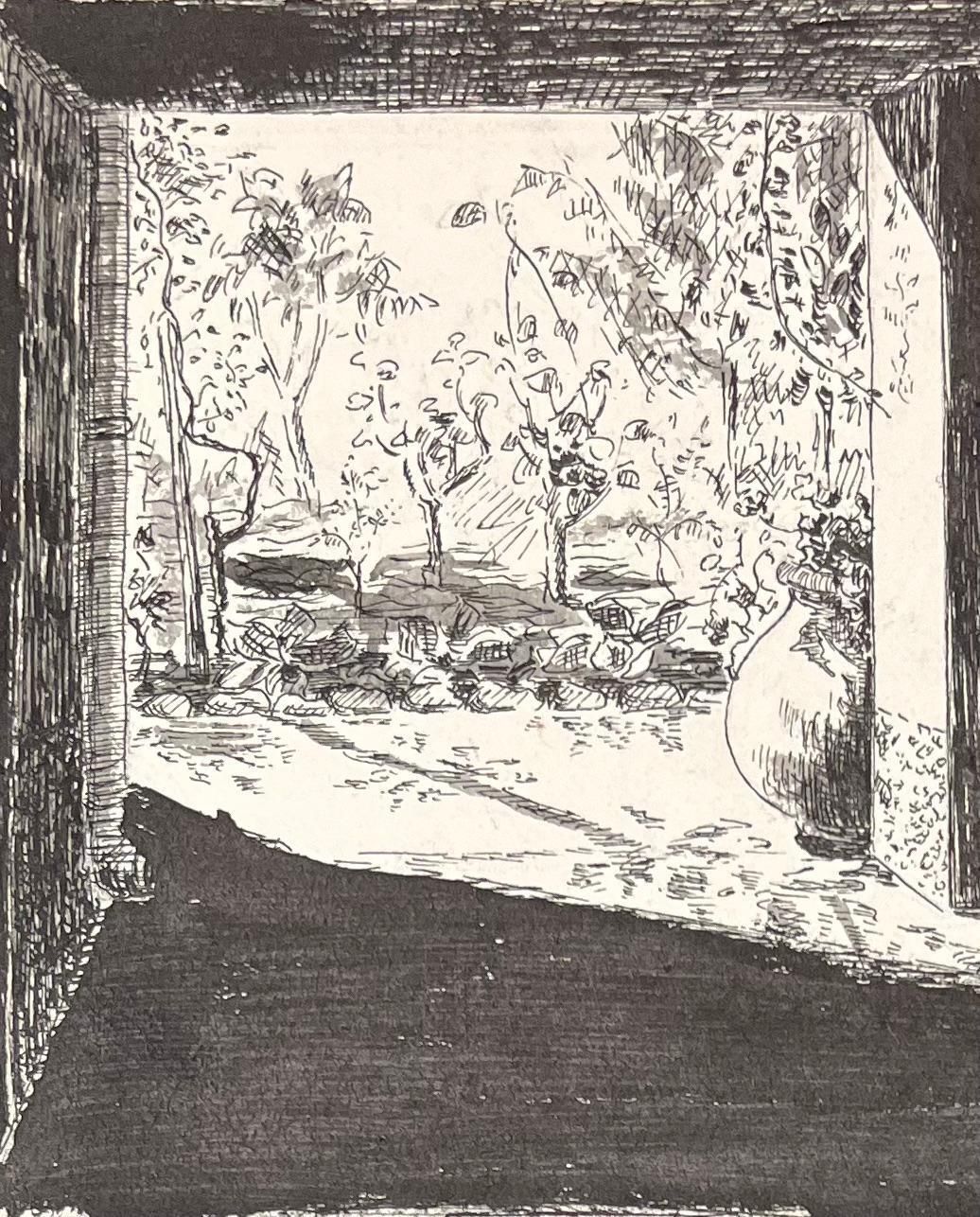 Josine Vignonmid Century French Ink Illustration Of A Shaded Garden View Through A Porch1950's photo for sale