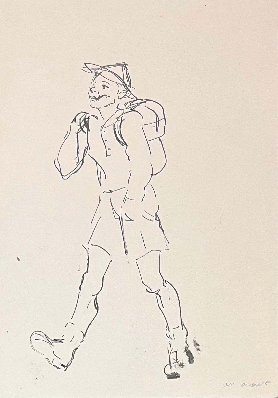 Josine Vignonmid Century French Ink Illustration Of A Happy Walker With Backpack1950's