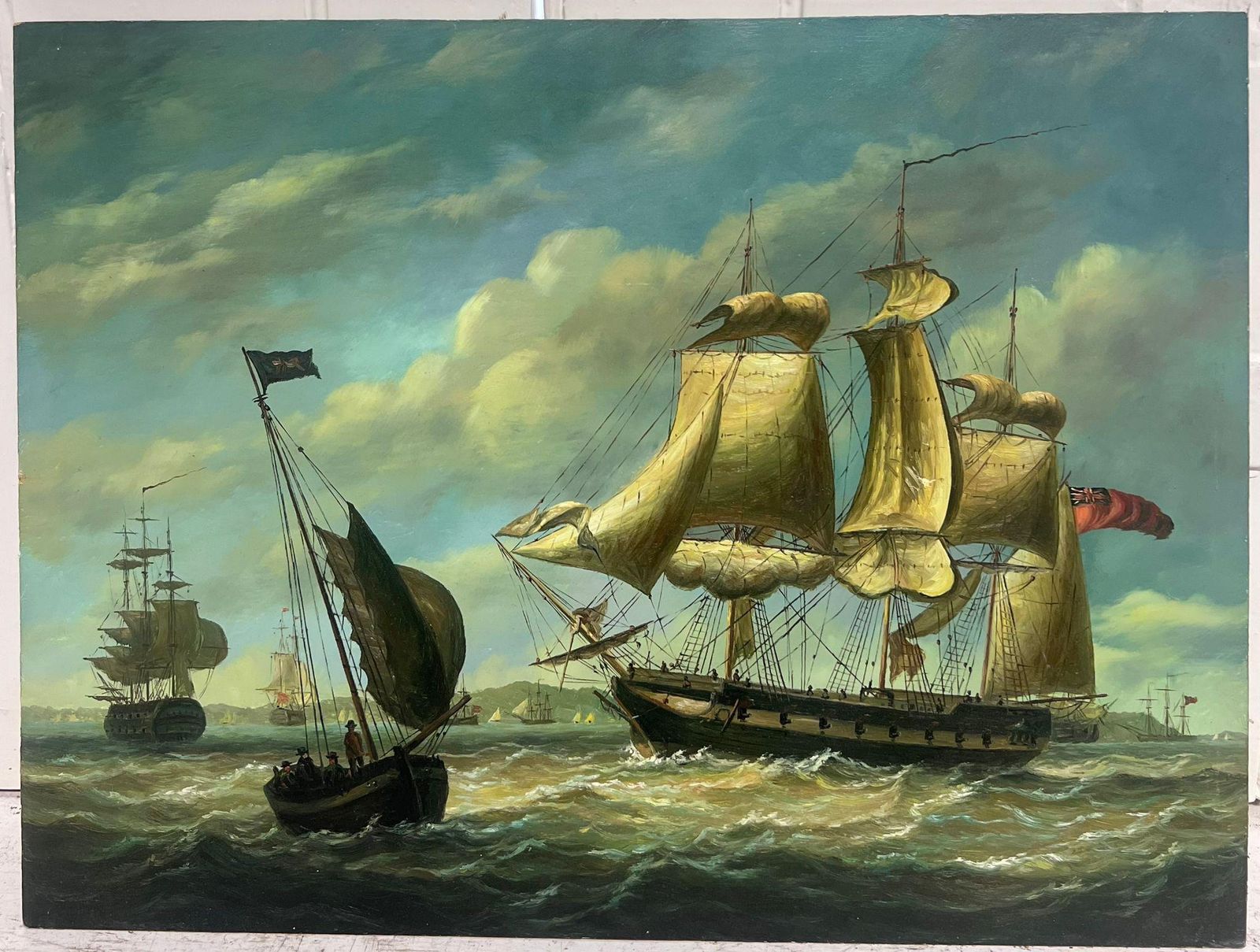 English Marine Oil Classic English Marine Oil Painting Tall Sailing Ships On Choppy Seas Off Coast photo furniture