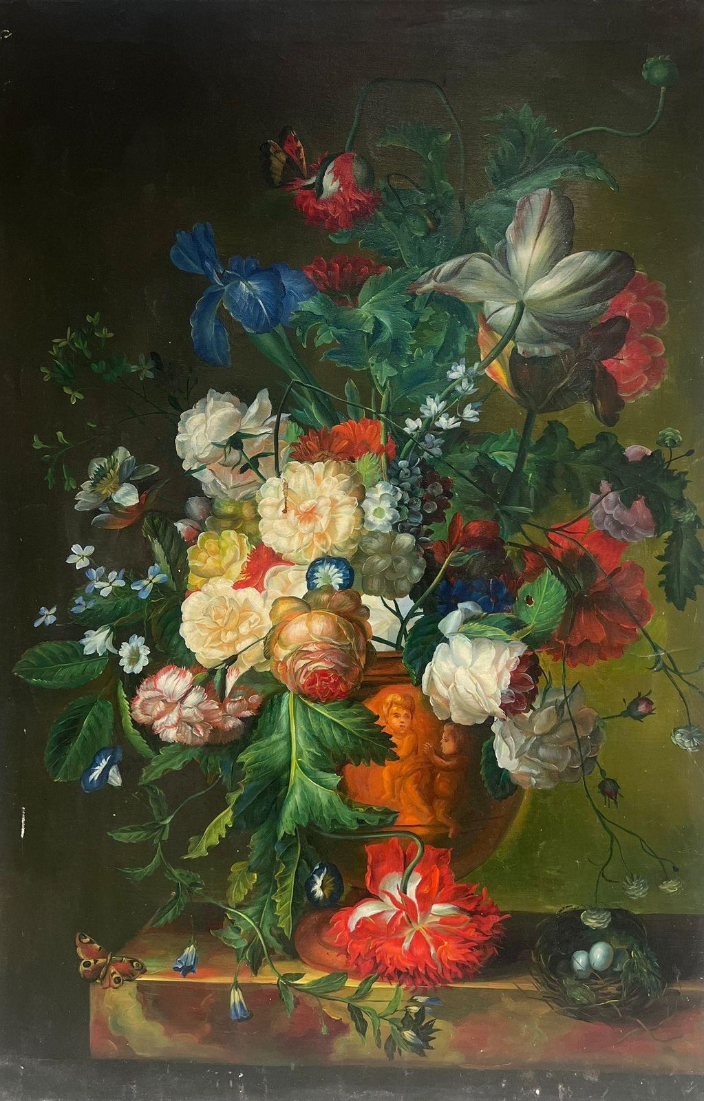 Large Classical Still Life Ornate Flowers & Birds Nest Oil Painting On Canvas