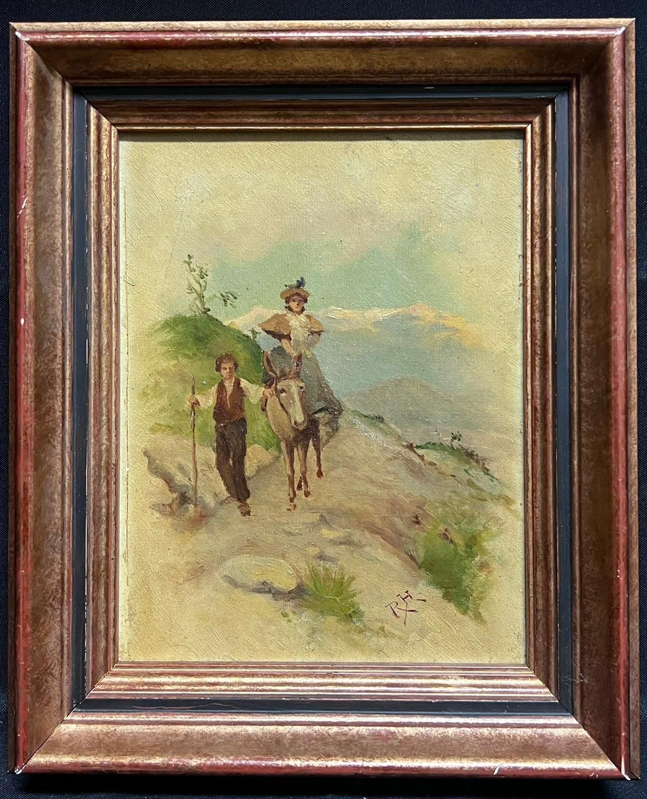 Italian 19th Centuryfigures Mountainside Pass Riding A Donkey Signed Antique Italian Oil Painting
