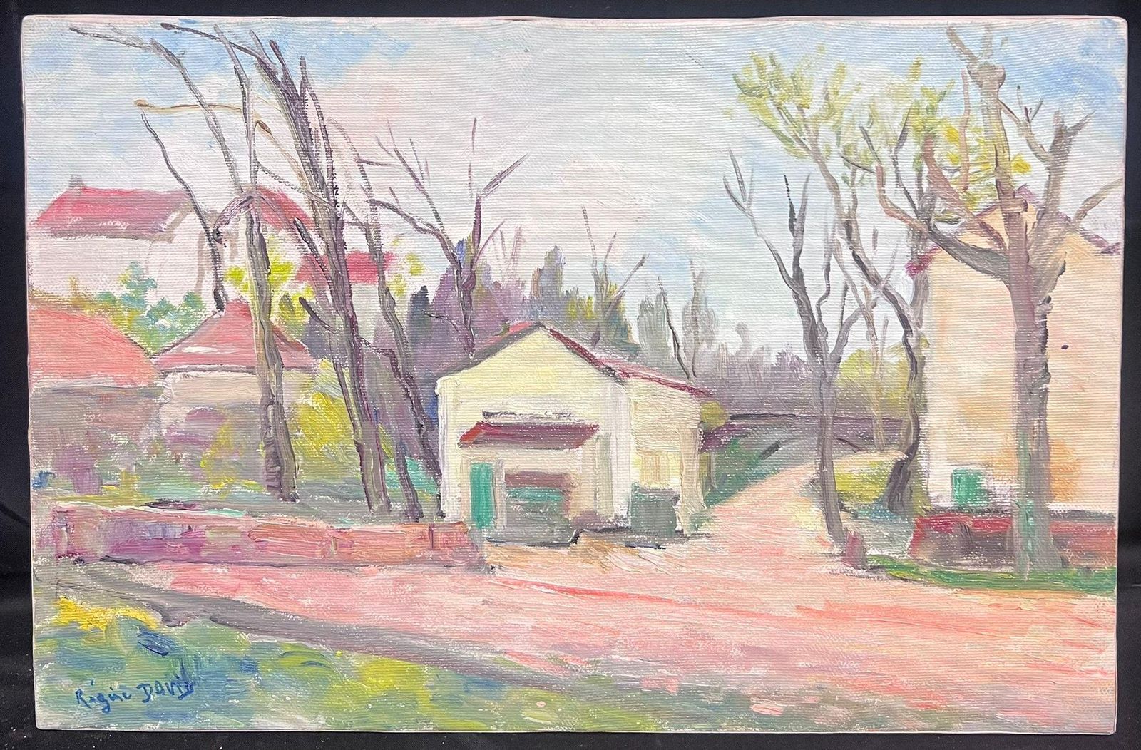 Regine Davidfrench Oil Tranquil Village Corner With Bare Trees And Warm Light1950's photo furniture