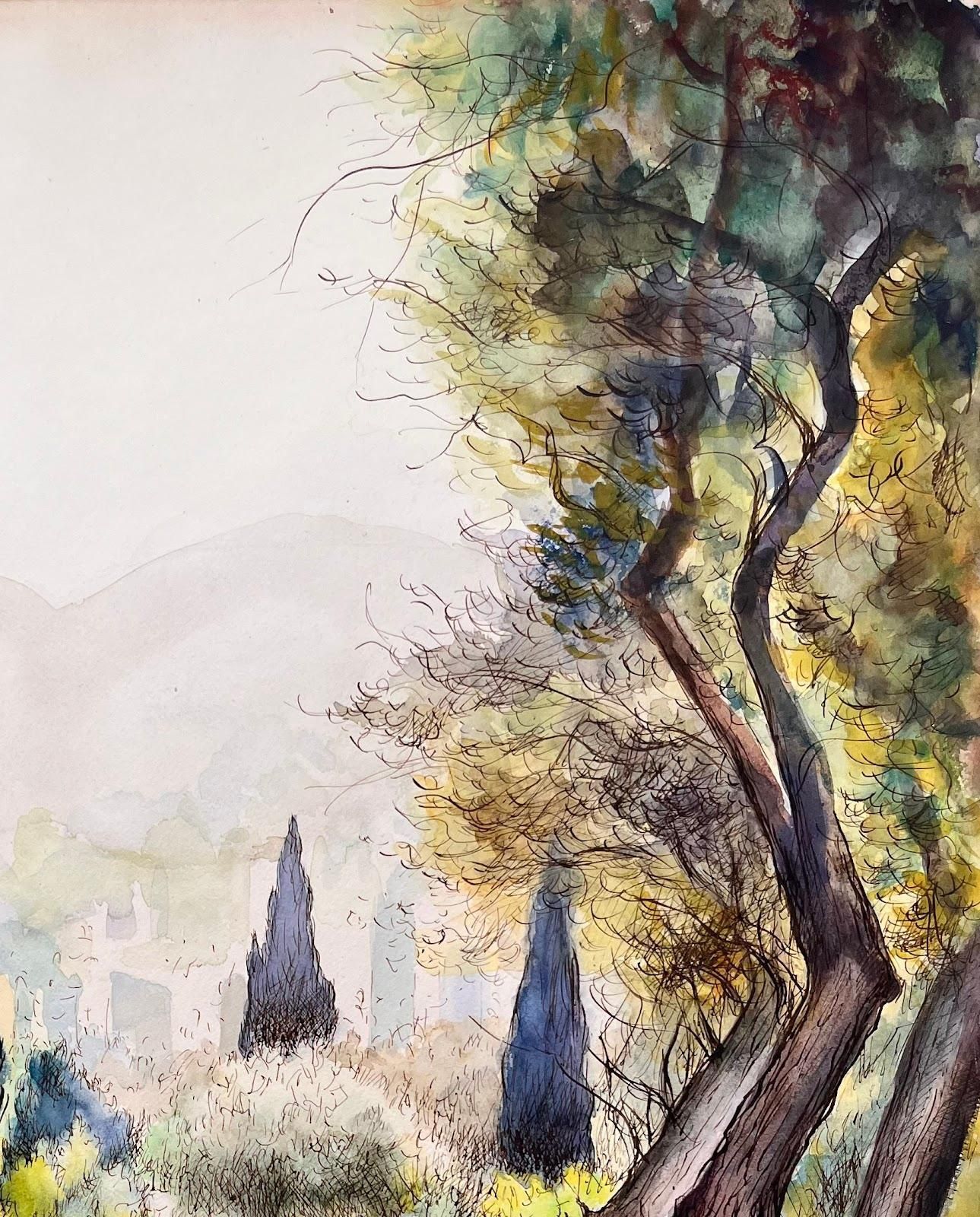 Josine Vignonmid Century French Original Painting Of Cypress Trees In Renoir's Garden1950's photo for sale