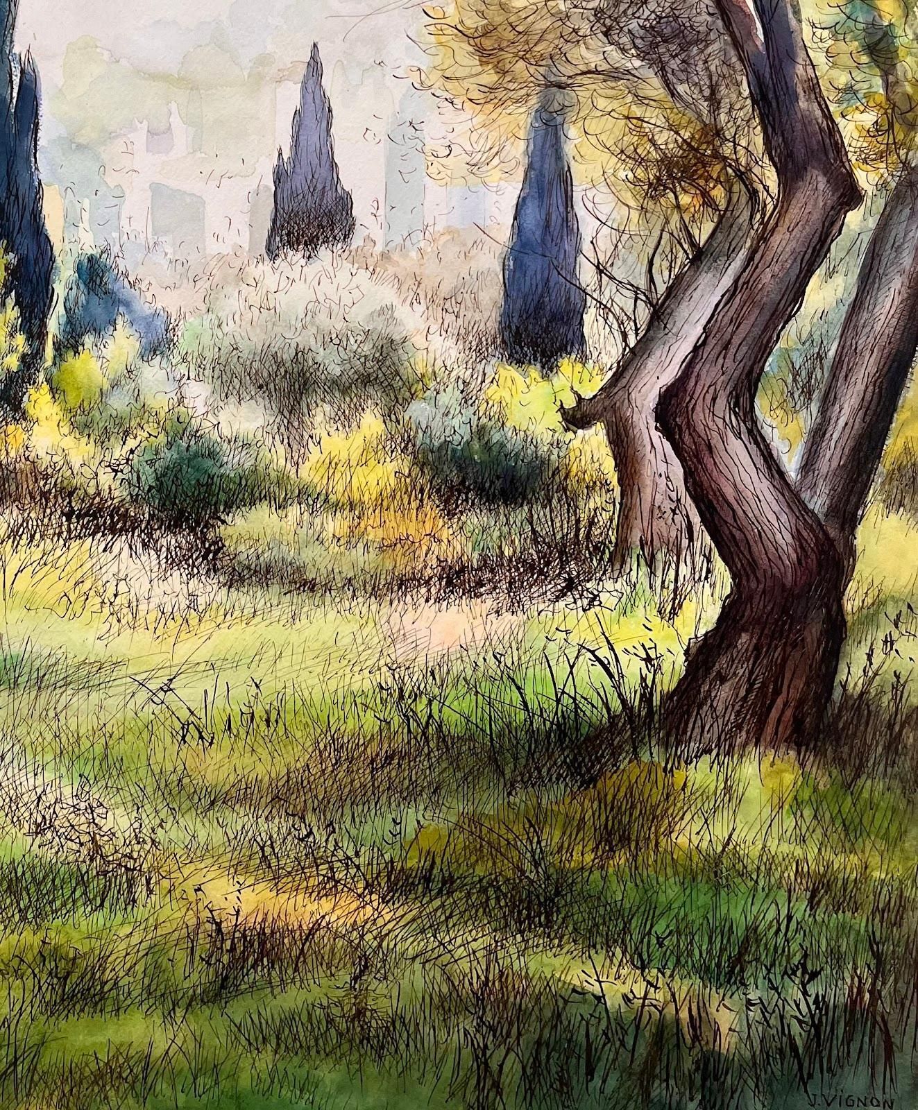Josine Vignonmid Century French Original Painting Of Cypress Trees In Renoir's Garden1950's photo Art