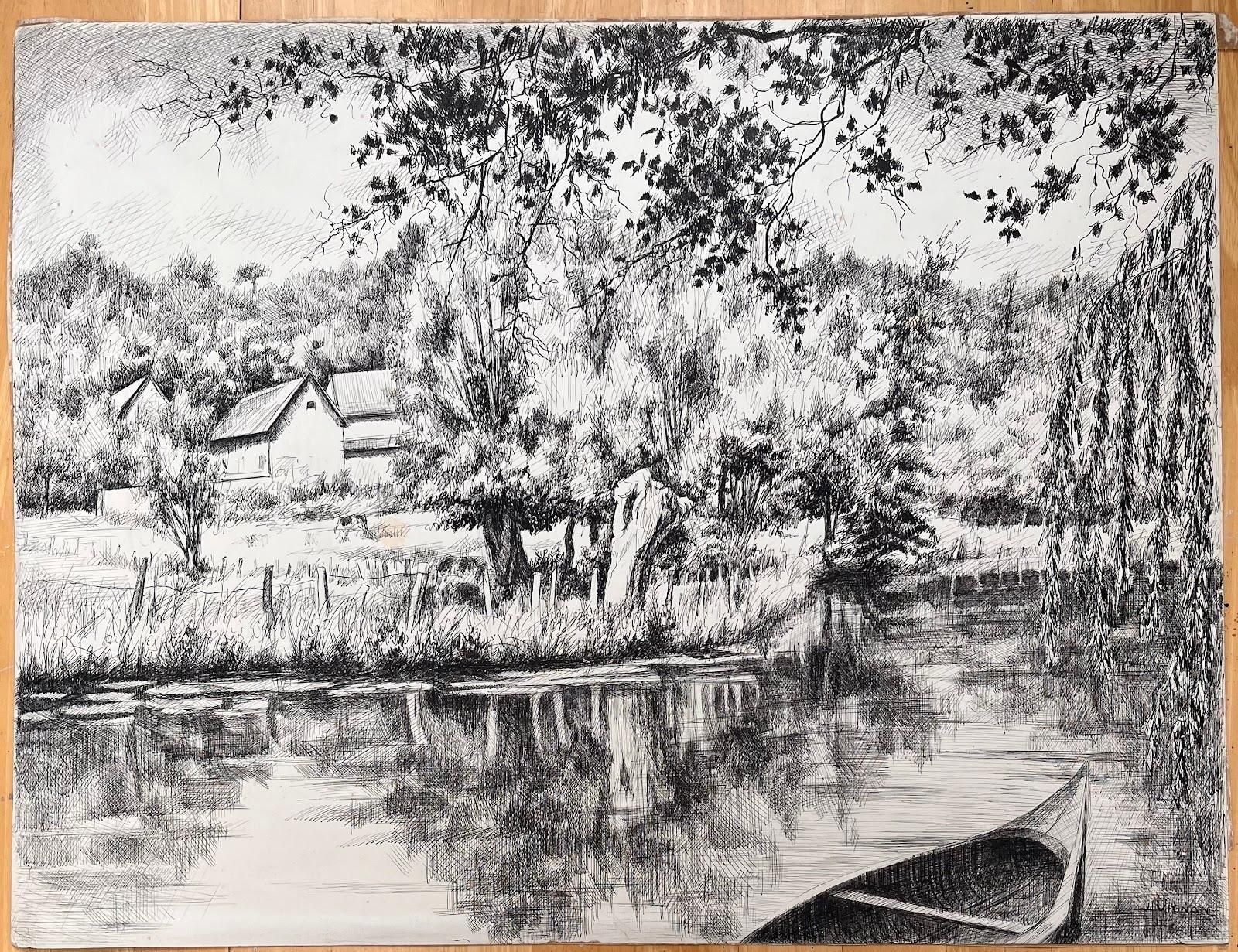 Josine Vignonmid Century French Original Ink Drawing Of A Riverside Scene With Boat1950's