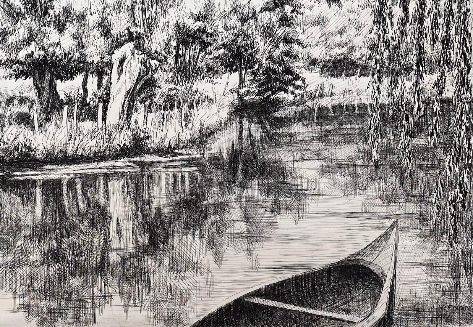 Josine Vignonmid Century French Original Ink Drawing Of A Riverside Scene With Boat1950's photo 892.0