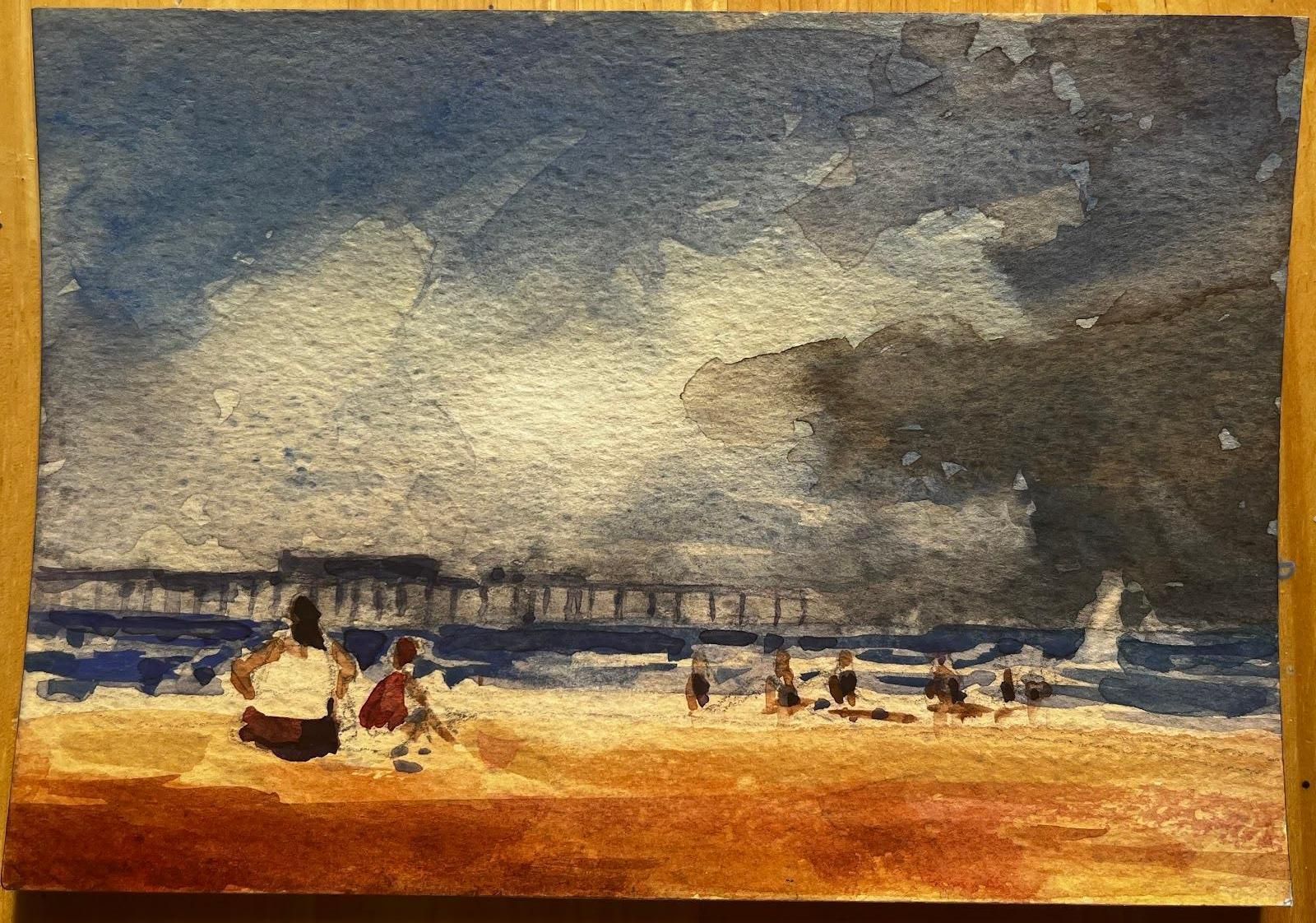 Unknownfrench Impressionist Watercolor Landscape Seaside Scene With Pier And Figures20th Century photo furniture