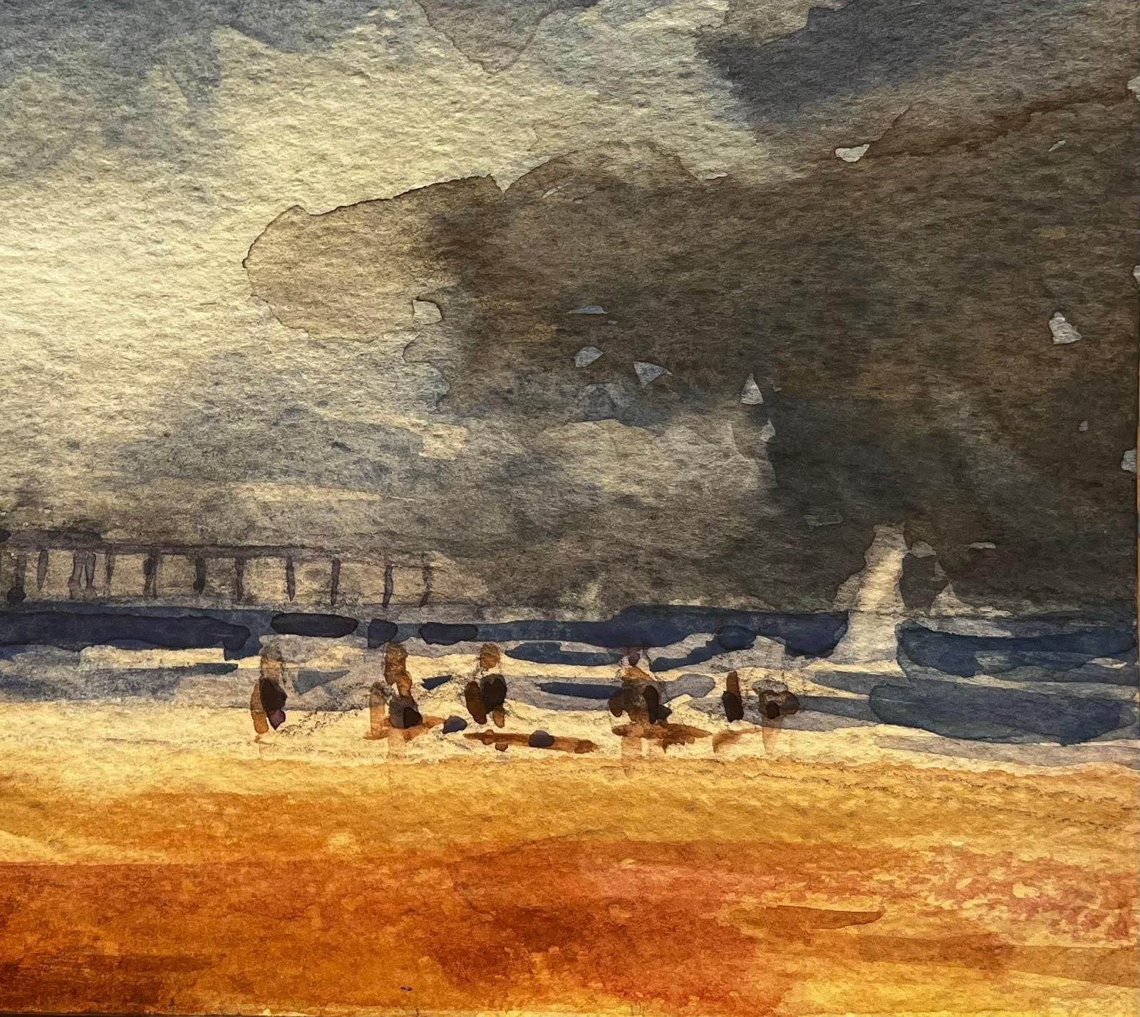 Unknownfrench Impressionist Watercolor Landscape Seaside Scene With Pier And Figures20th Century photo for sale
