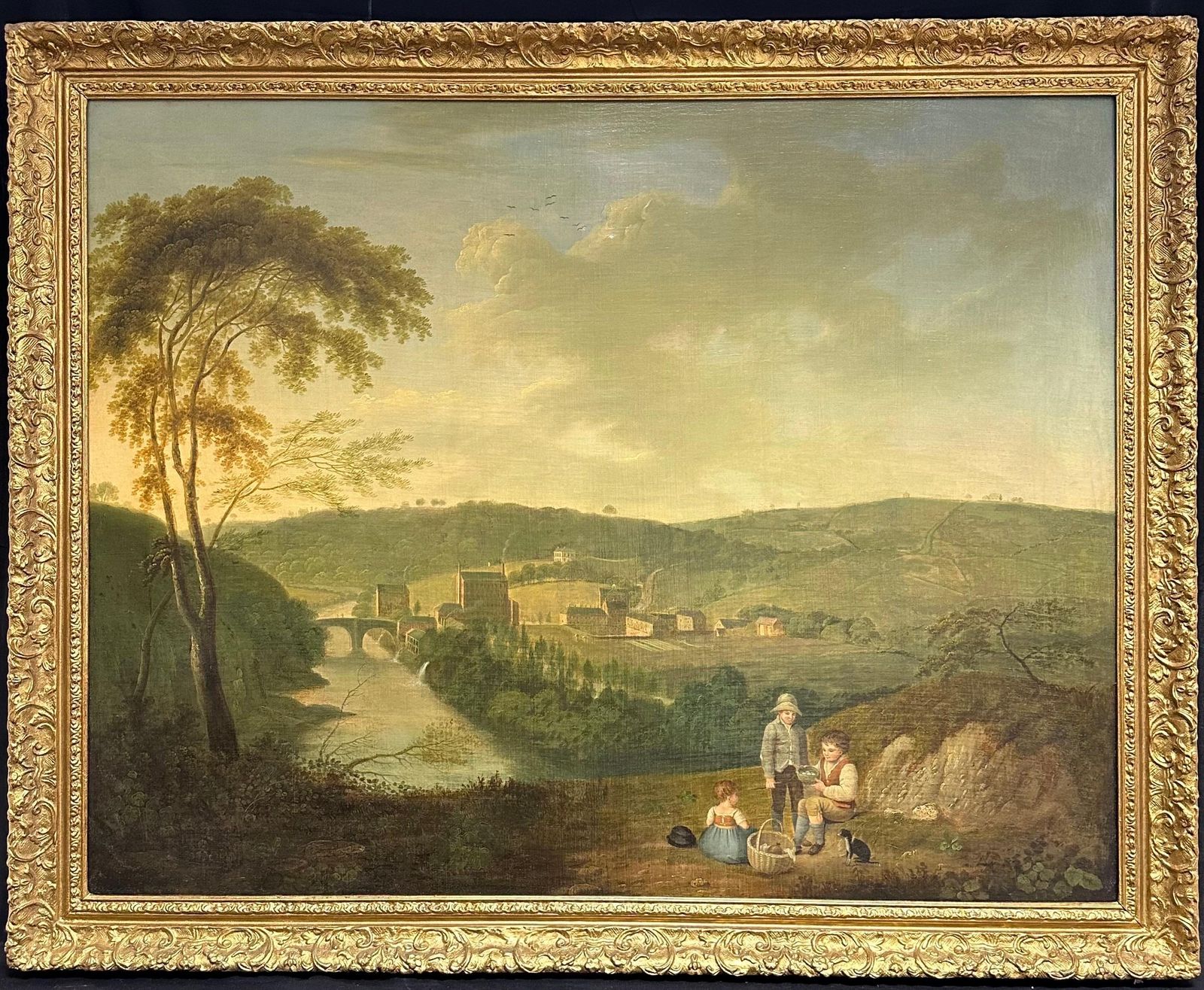 John Pennington (1773 1841) Huge Georgian 1820's English Oil Industrial Landscape With Mills Children Picnicc. 1820's photo furniture