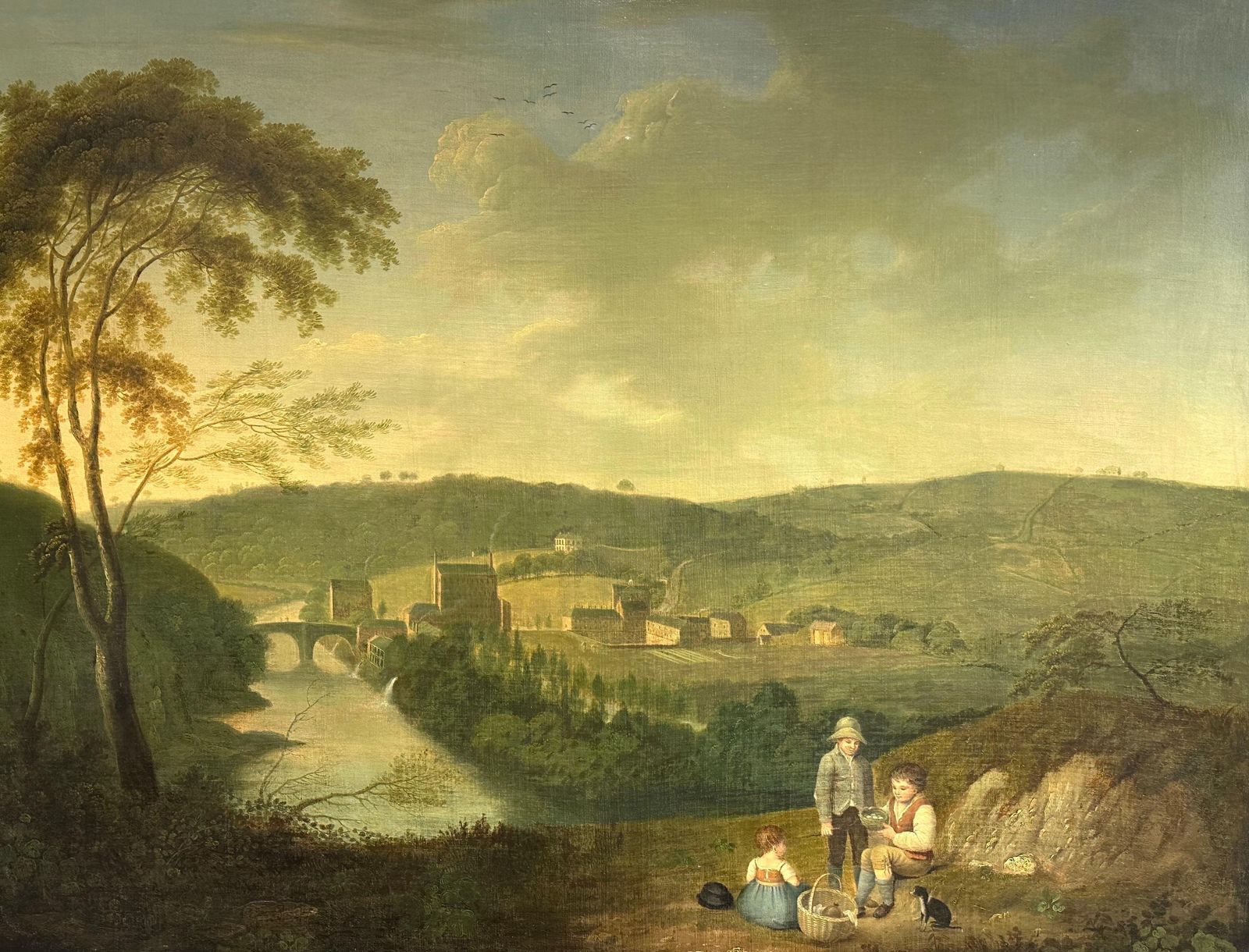 John Pennington (1773 1841) Huge Georgian 1820's English Oil Industrial Landscape With Mills Children Picnicc. 1820's photo for sale