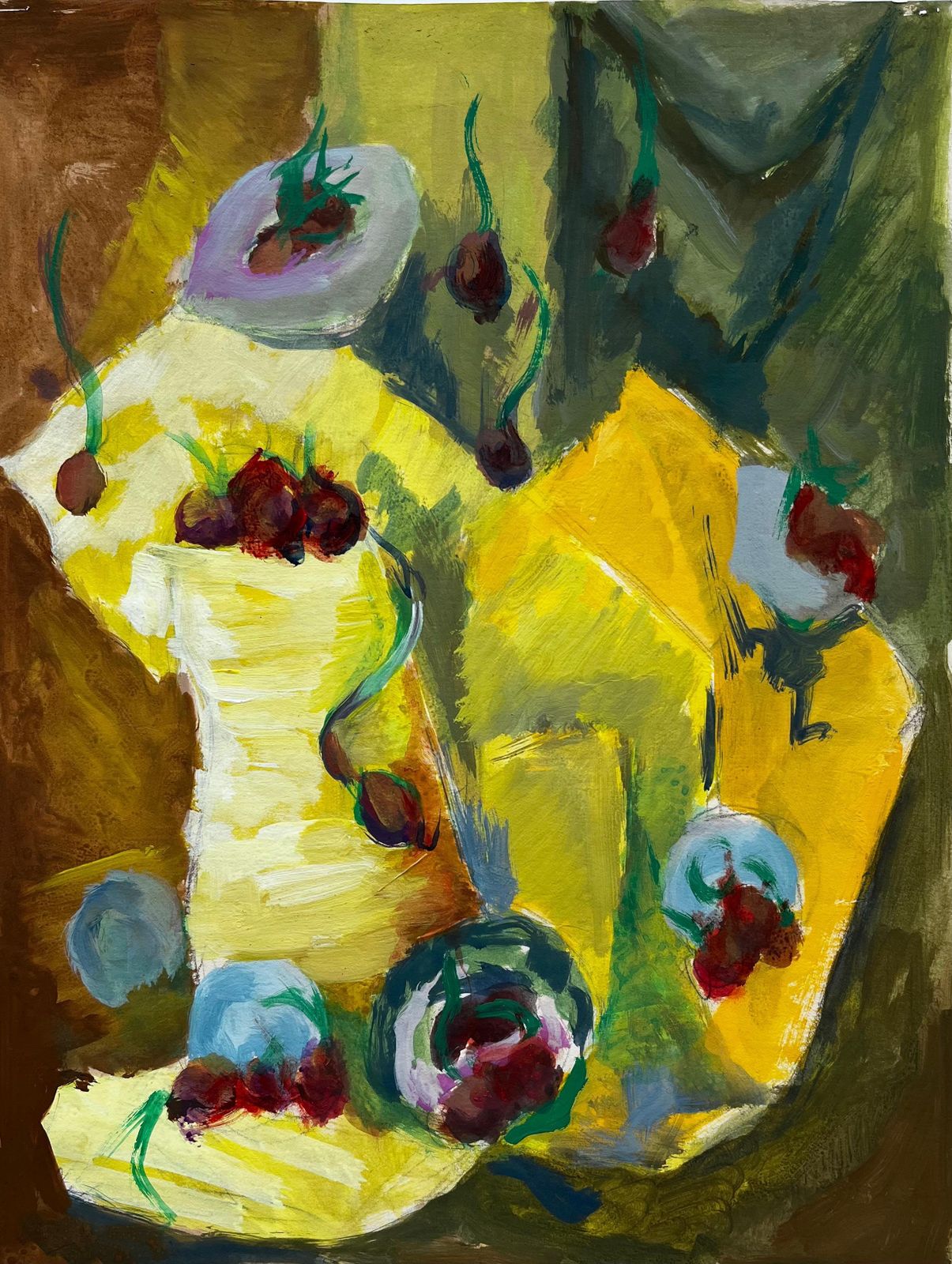Guy Nicod Vibrant Still Life With Fruit And Yellow Drapery French Modernist Gouache