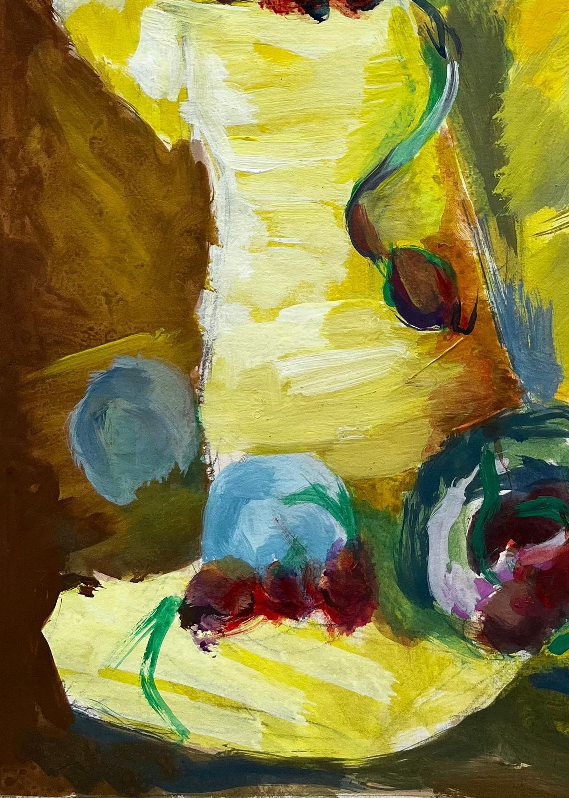 Guy Nicod Vibrant Still Life With Fruit And Yellow Drapery French Modernist Gouache photo for sale