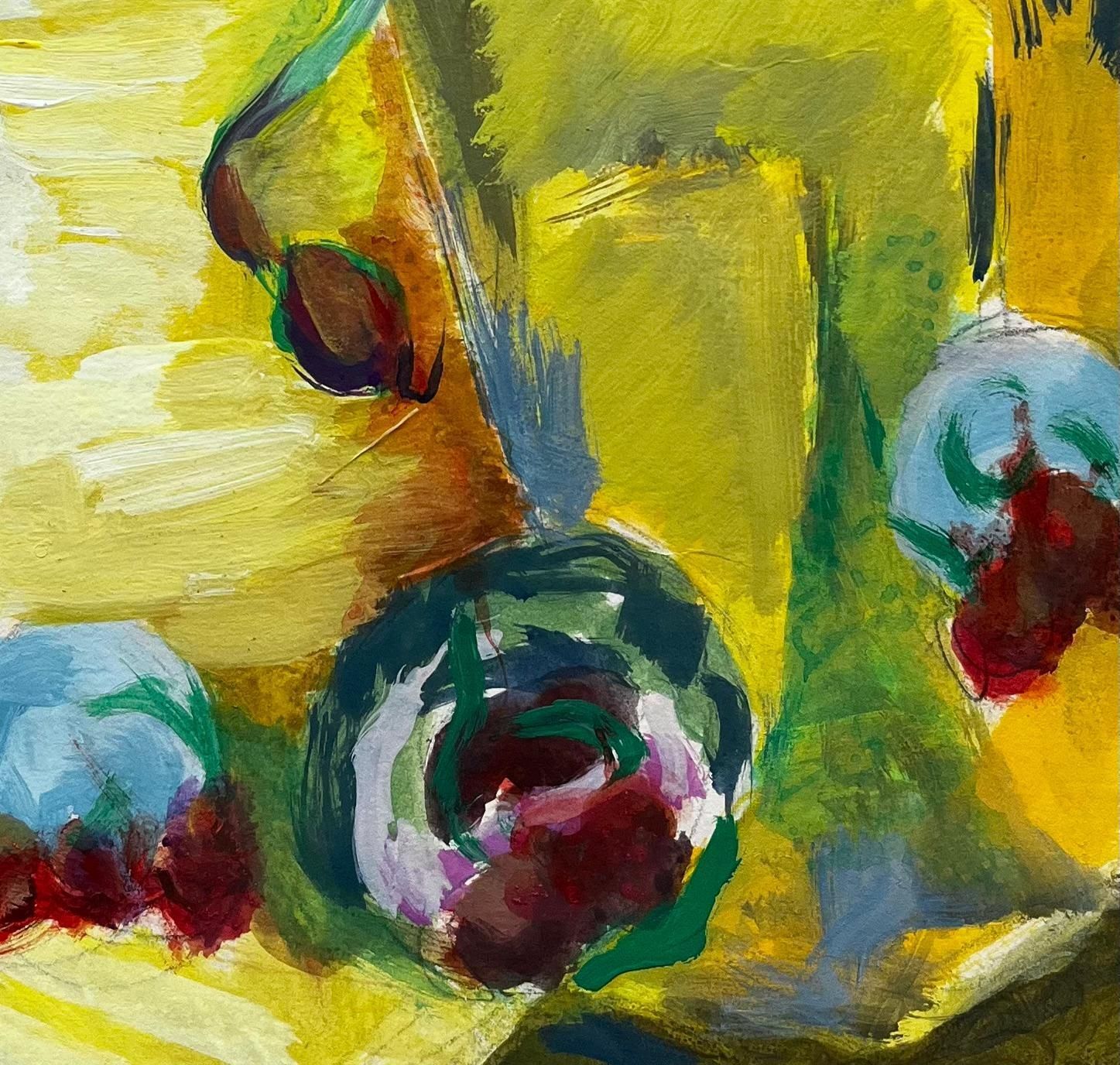 Guy Nicod Vibrant Still Life With Fruit And Yellow Drapery French Modernist Gouache photo vinterior