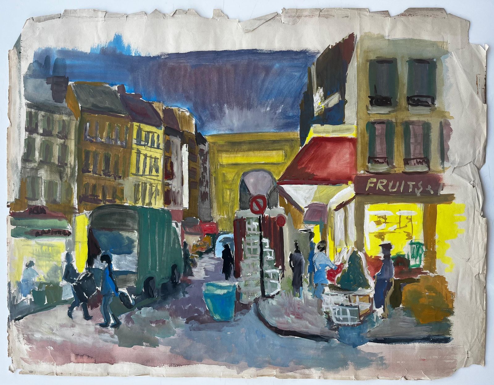 Guy Nicodfrench Gouache Street Scene With Market Stalls Shops Figures And Architecture photo furniture