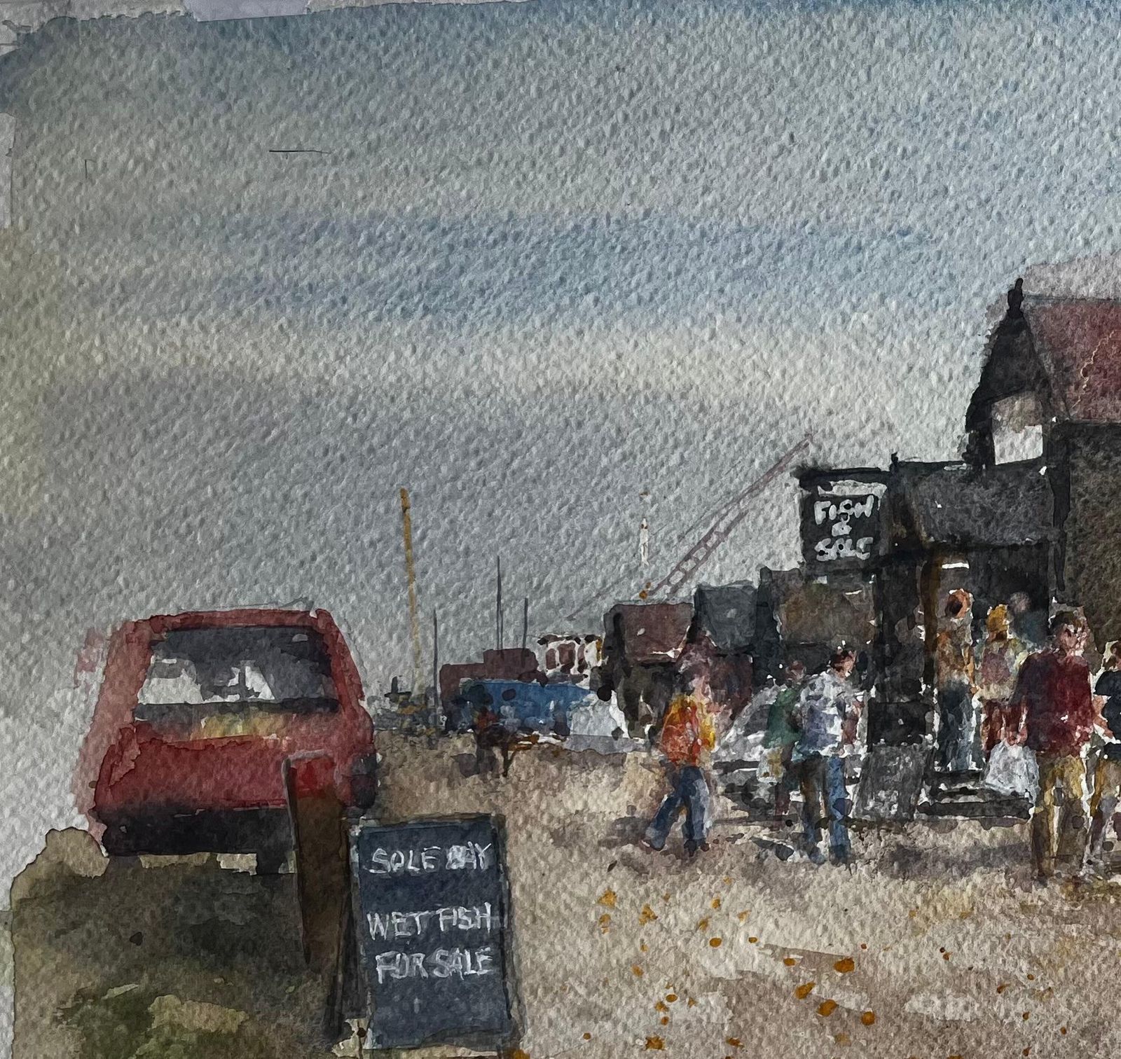 Anthony Herbertsouthwold Harbour Fish Market Scene With Figures And Sheds Original Watercolour photo vinterior