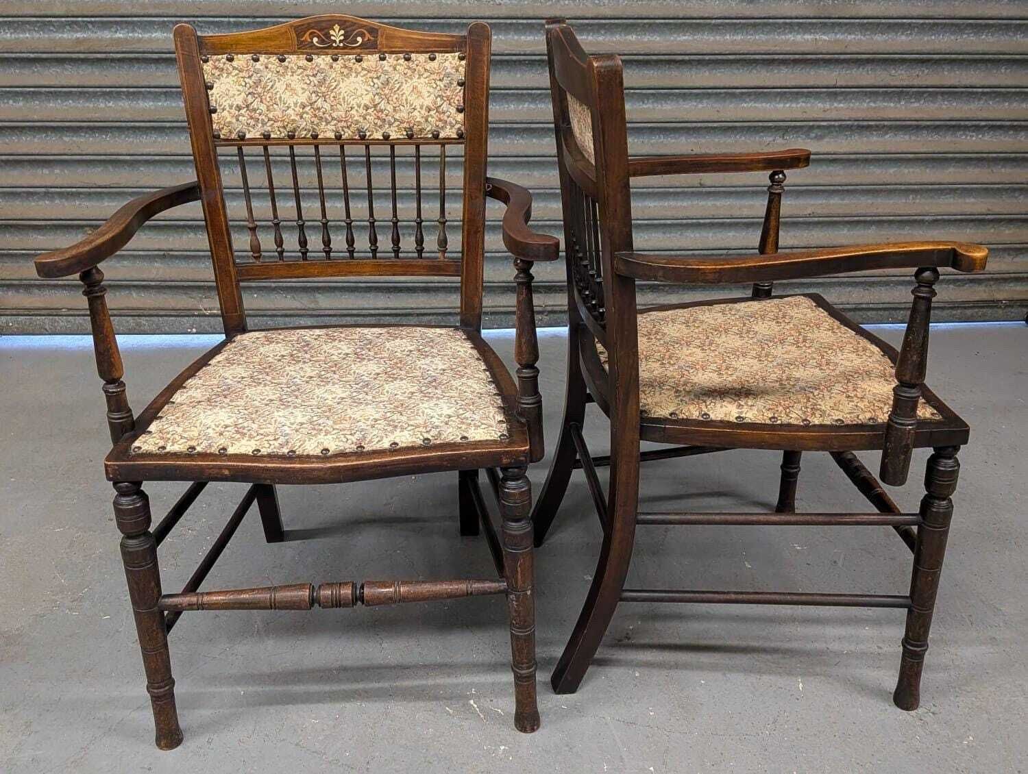 Pair Of Mid Victorian Inlaid Spindled Back Salon Elbow Chairs photo for sale