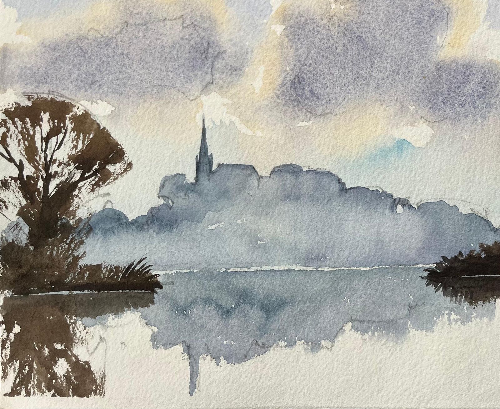 Anthony Avery British Impressionist Watercolor Of A Riverside Landscape With Distant Spire photo 490.0