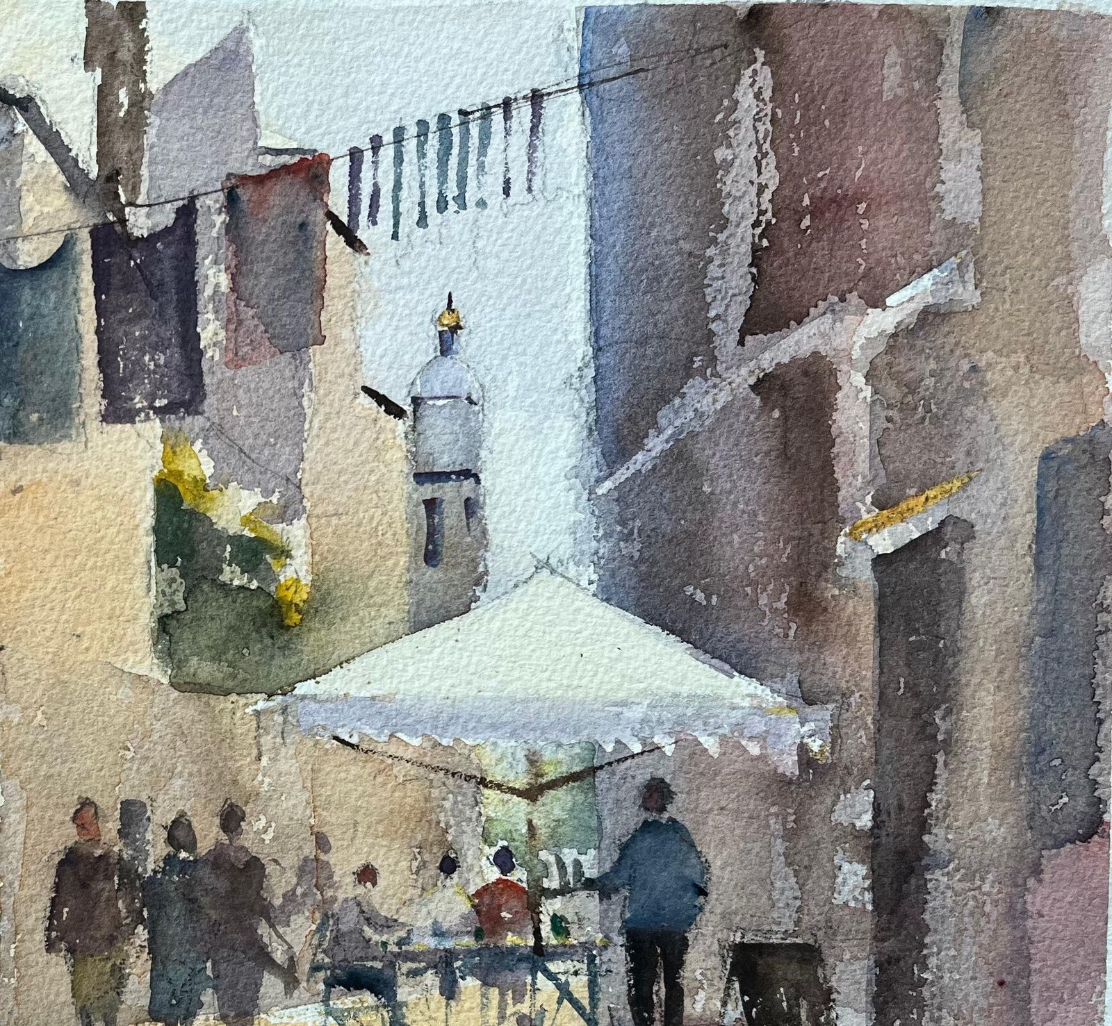 Anthony Avery British Watercolor Of A Street Scene With Hanging Laundry And Outdoor Café photo 530.0