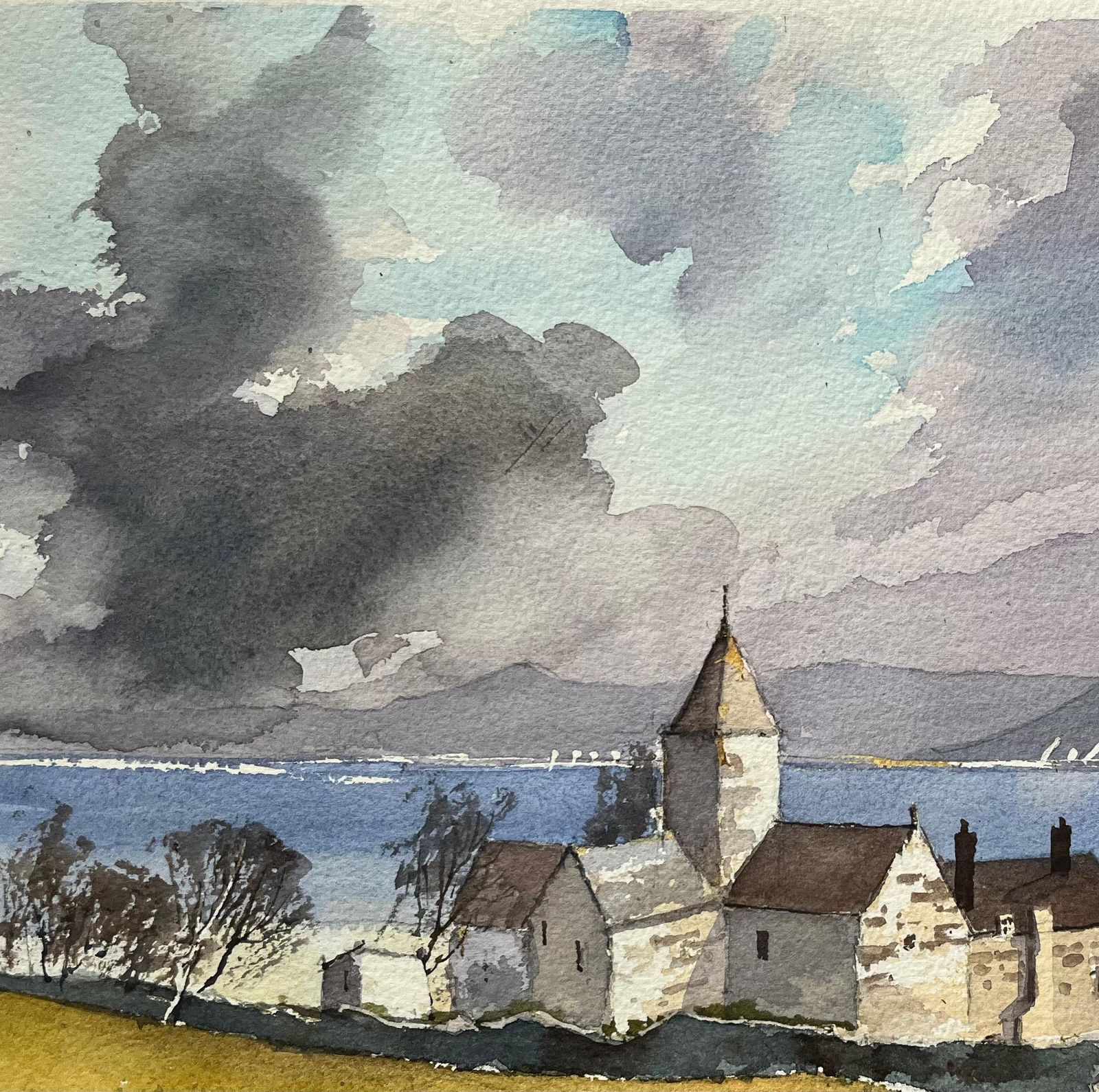 Anthony Avery British Impressionist Watercolor Of A Coastal Church With Dramatic Sky photo vinterior