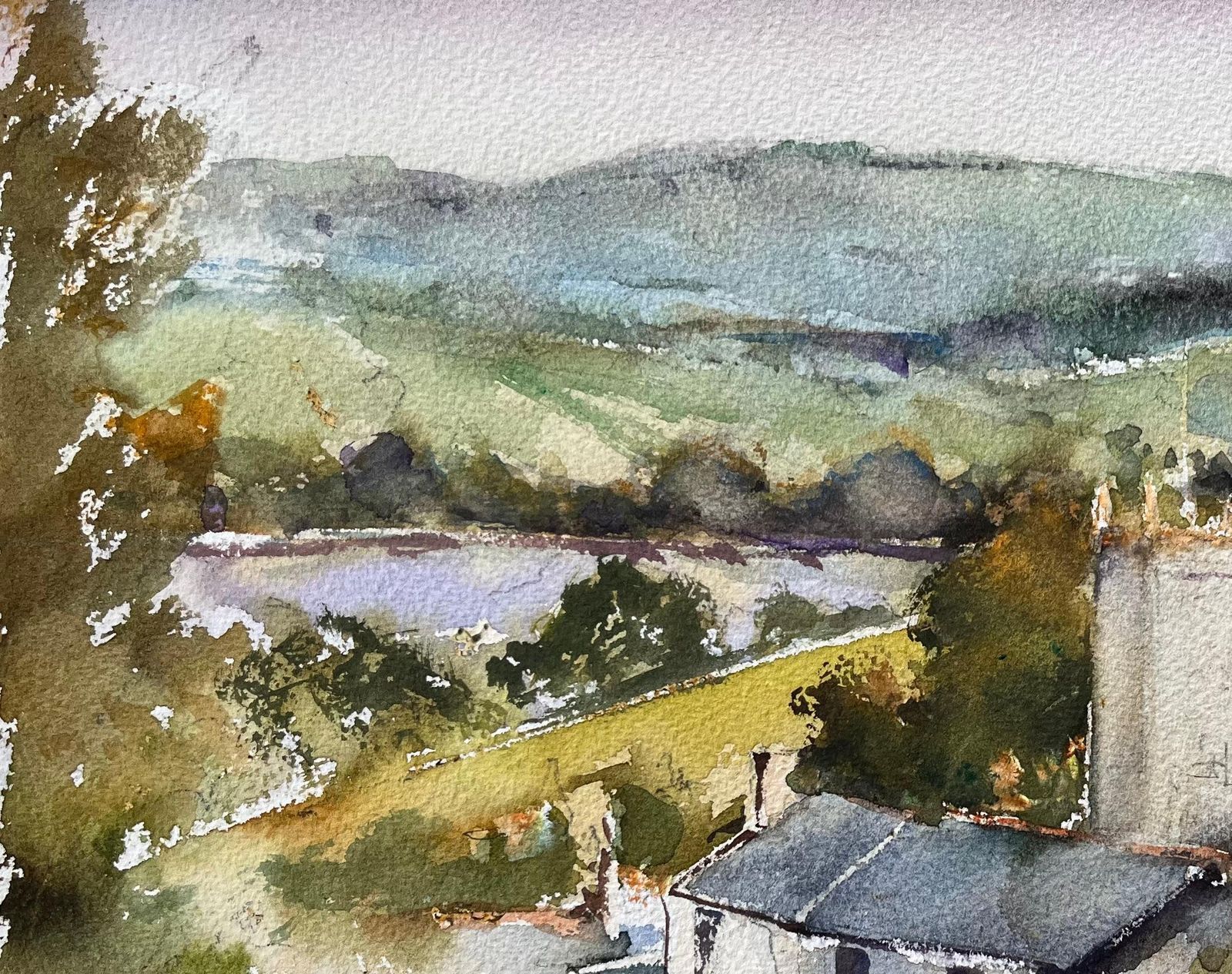 Anthony Avery British Watercolor Of A Scenic Countryside Village Overlook With Horse And Rider photo vinterior