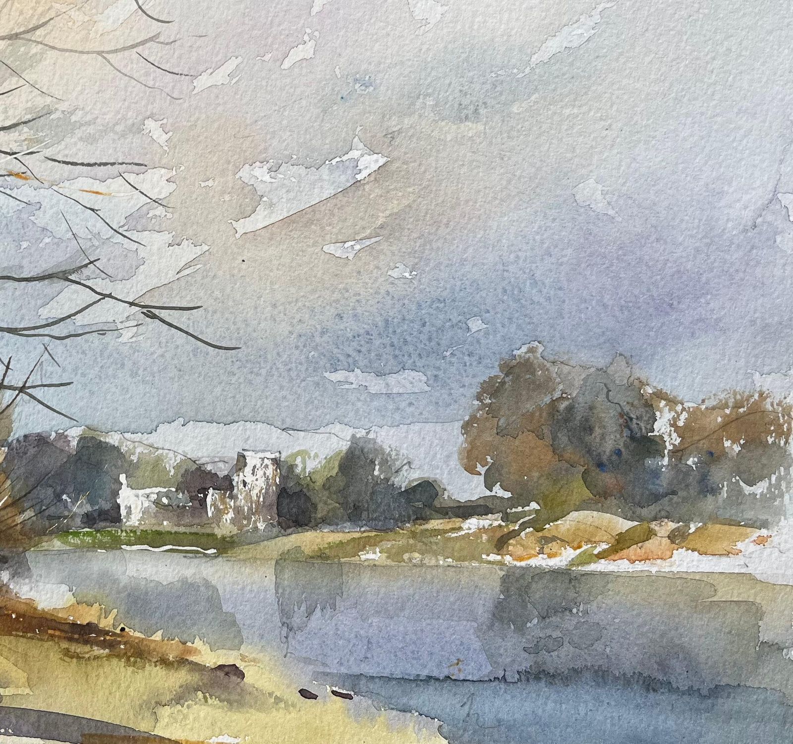 Anthony Avery British Watercolor Of Riverside Scene With Distant Church photo for sale