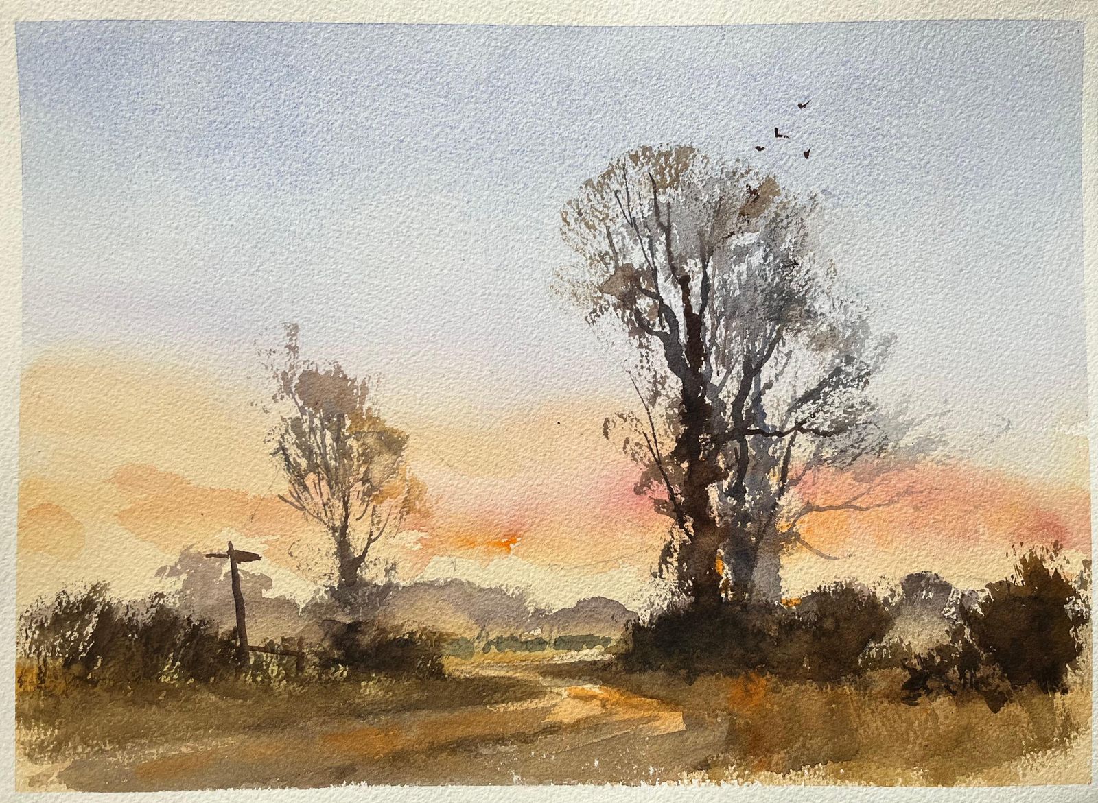 Anthony Avery British Impressionist Watercolor Of A Sunset Landscape With Trees And Signpost