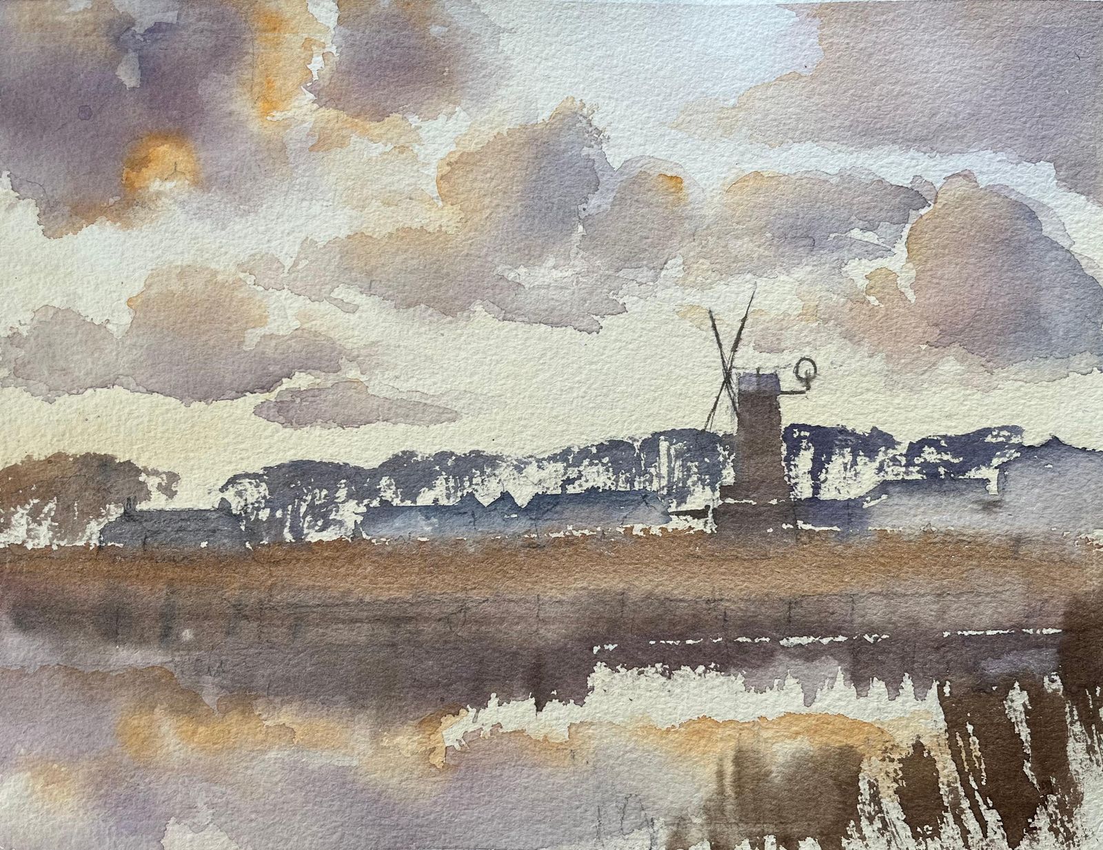 Anthony Avery British Impressionist Watercolor Of Countryside Windmill And Reflected Skies