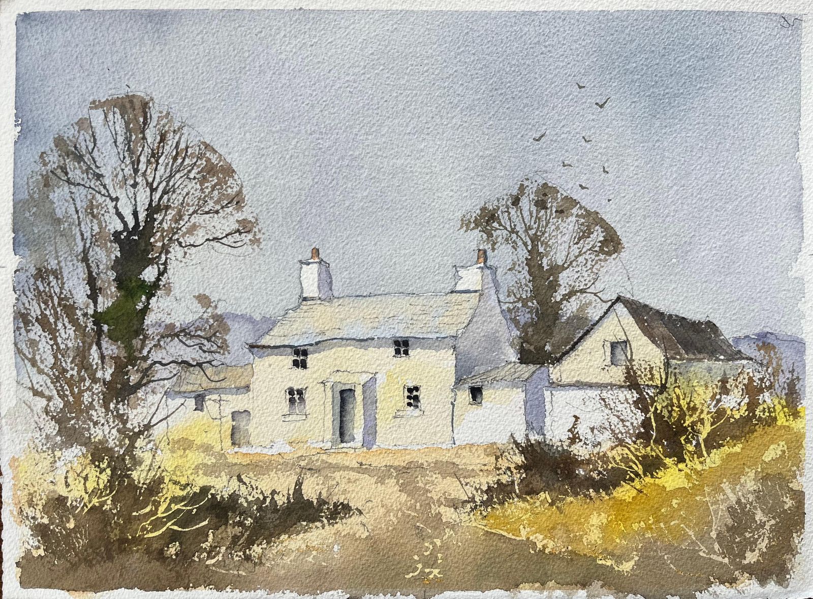 Anthony Avery British Watercolor Of A White Country Cottage With Autumnal Trees