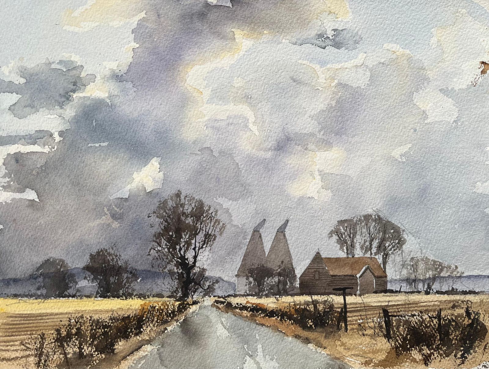 Anthony Avery British Impressionist Watercolor Of Rustic Farmhouse And Outbuildings In Country photo furniture