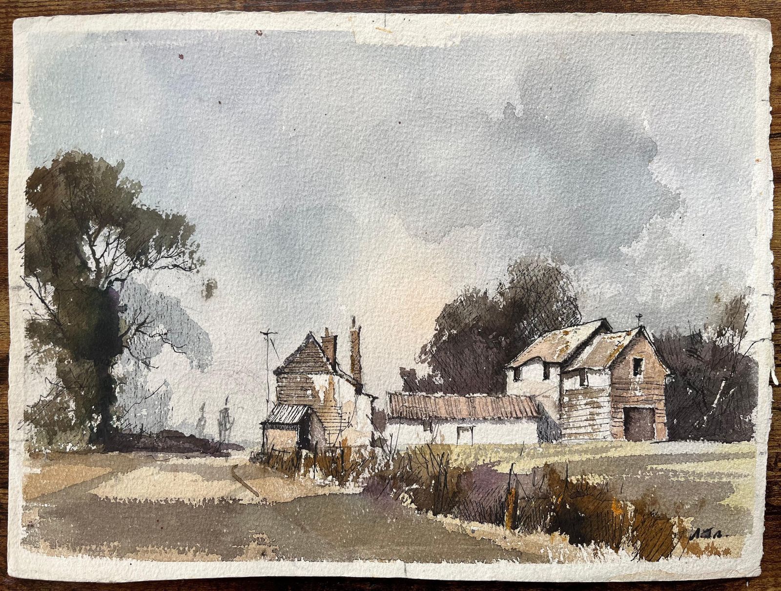 Anthony Avery British Impressionist Watercolor Of Rustic Farmhouse And Outbuildings In Country photo for sale
