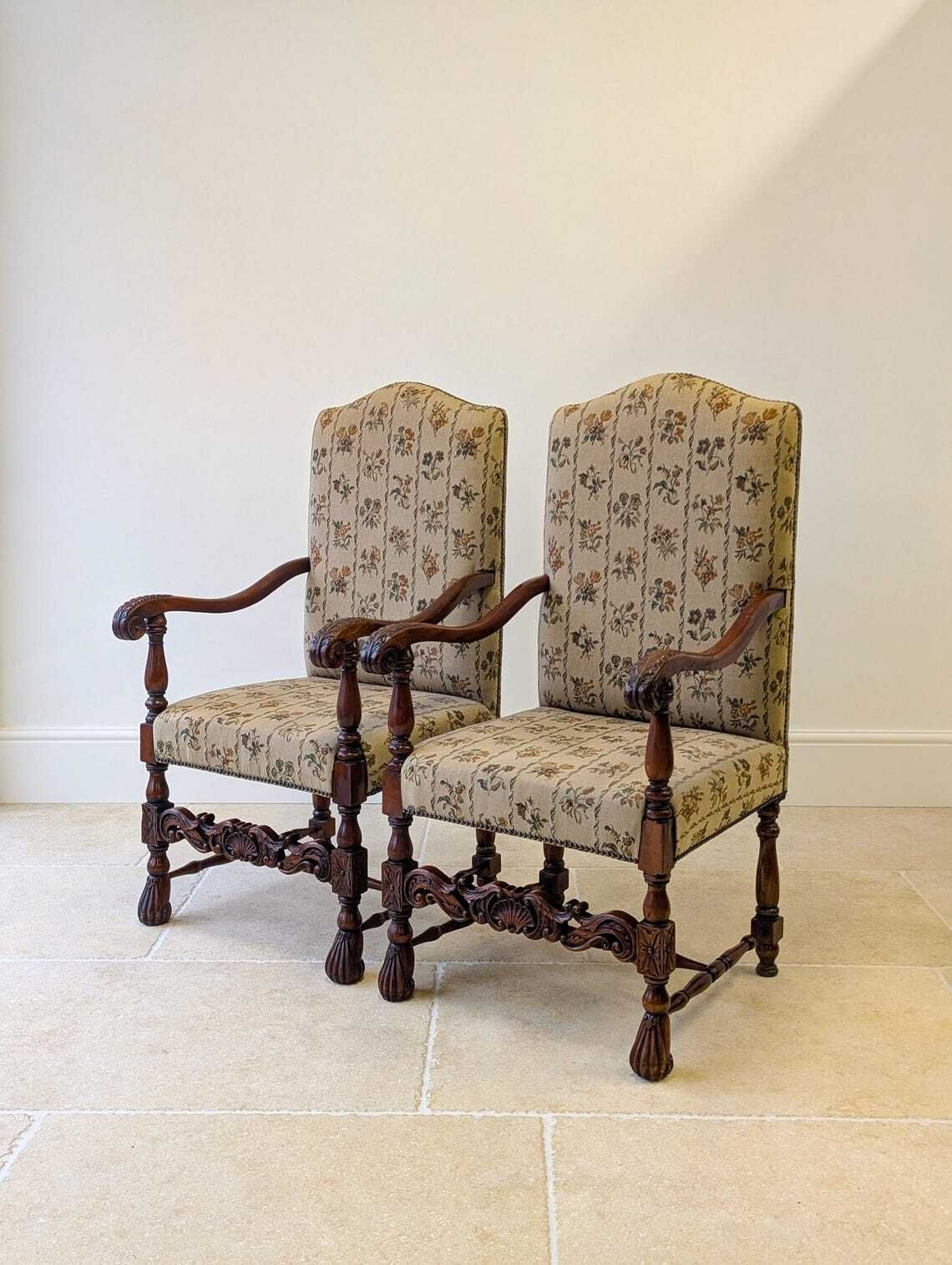 Pair Of Antique Late Victorian Walnut Armchairs C.1890