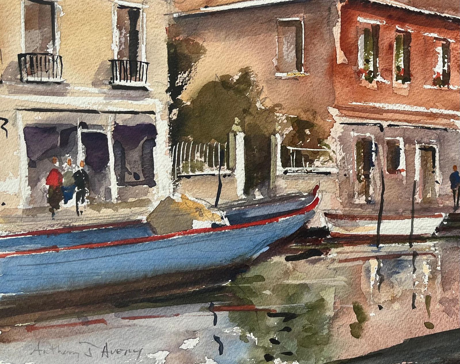 Anthony Avery British Impressionist Watercolor Of Venetian Canal Scene With Colourful Facades photo 415.0