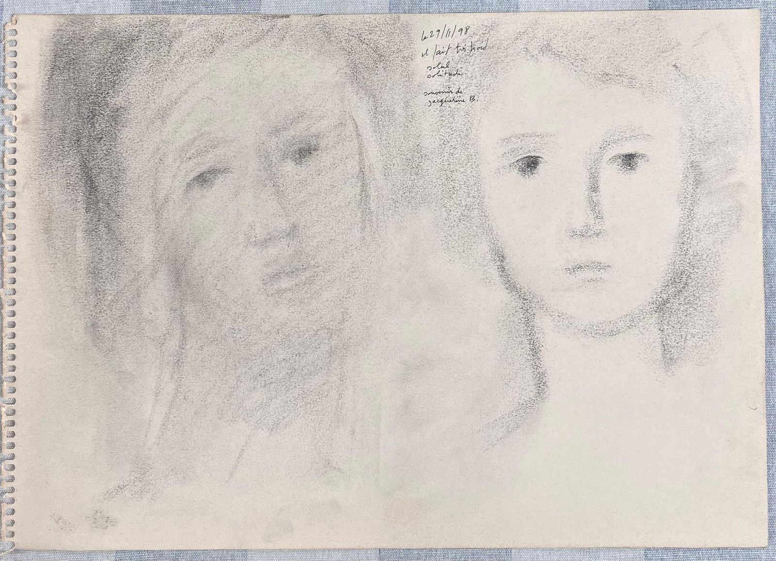 Robert Ladou Pencil Sketches Of Two Forlorn Female Faces Lady Original French Artwork 20th Century photo furniture