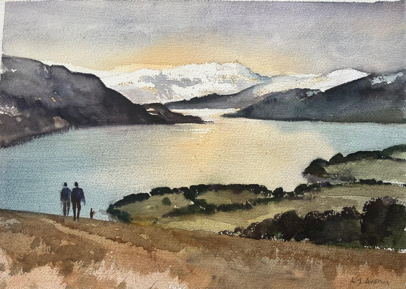 Anthony Avery British Impressionist Watercolor Of Serene Lake With Mountains And Sunset