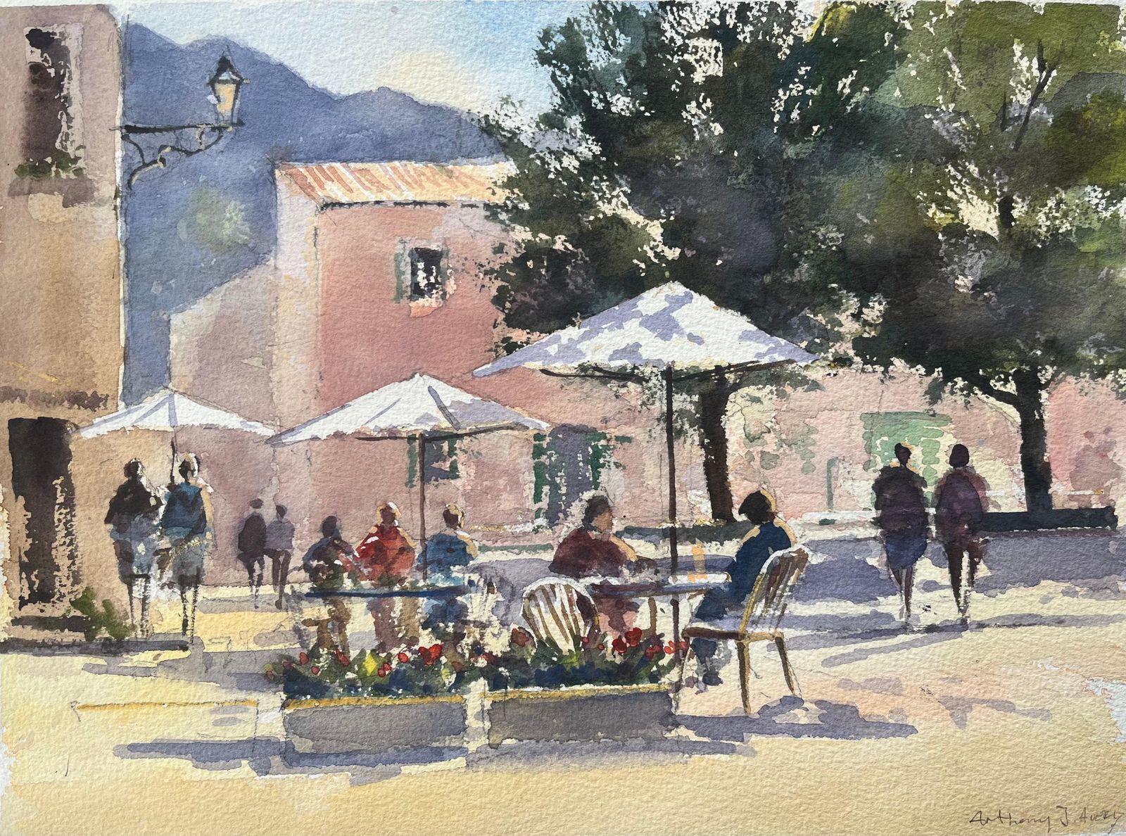 Anthony Avery British Impressionist Watercolor Of A Sunlit European Café Scene