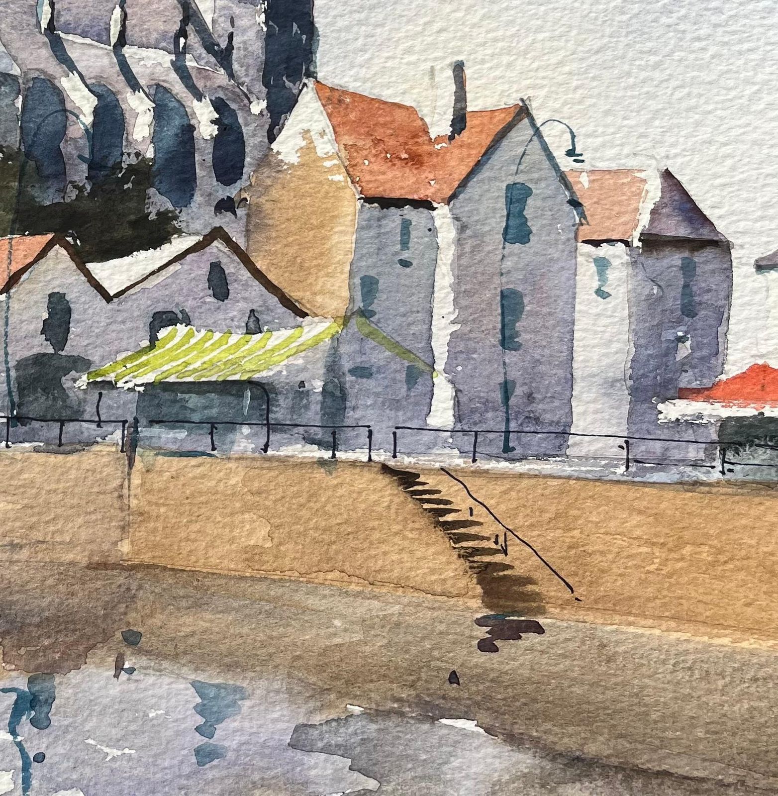 Anthony Avery British Impressionist Watercolor Of Riverside Town With Cathedral Spires photo for sale
