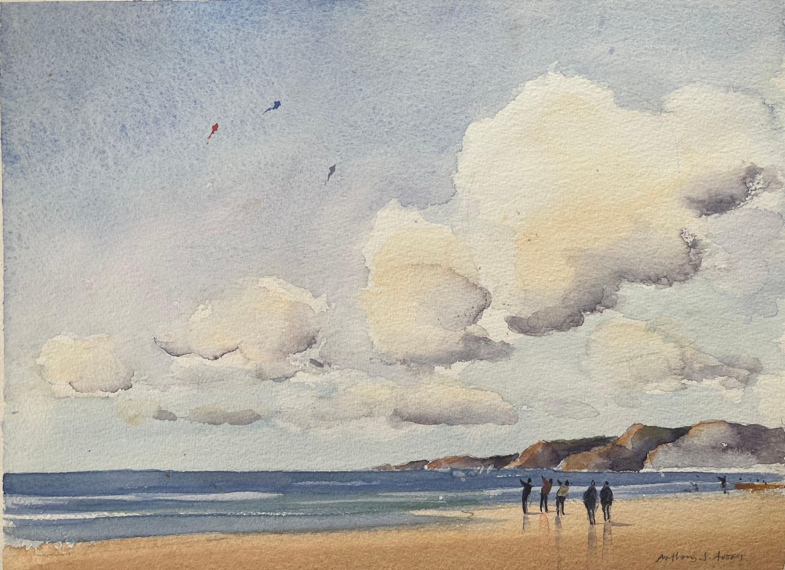 Anthony Avery British Impressionist Watercolor Of Beachgoers With Kites And Dramatic Clouds