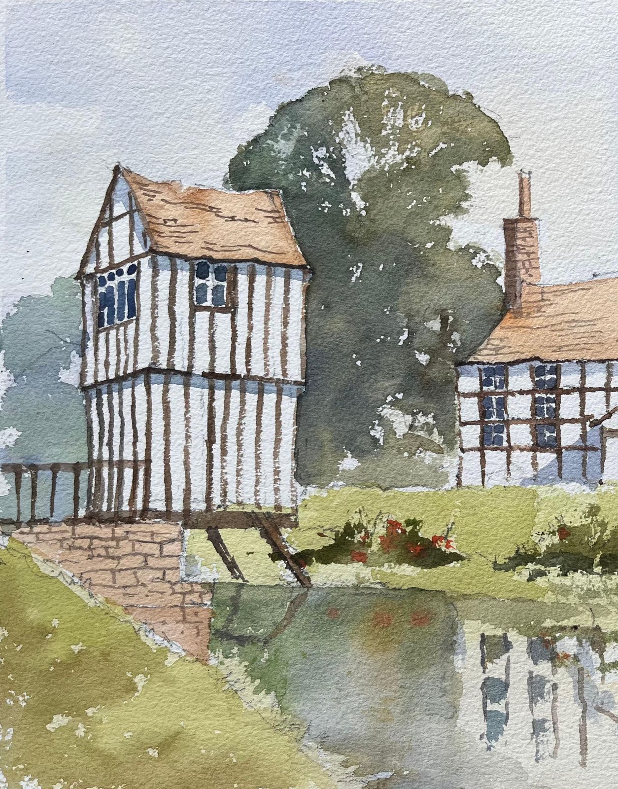 British Impressionist Watercolor Of A Tudor Style Manor By A Tranquil Pond photo 415.0