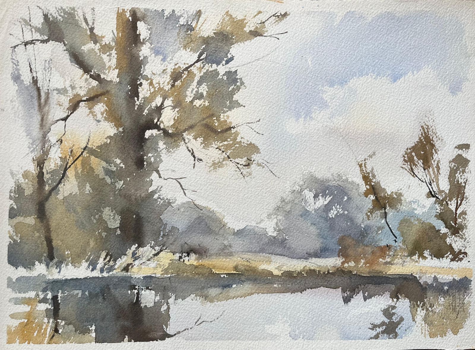 Anthony Avery British Impressionist Watercolor Of Trees And Reflection On Water