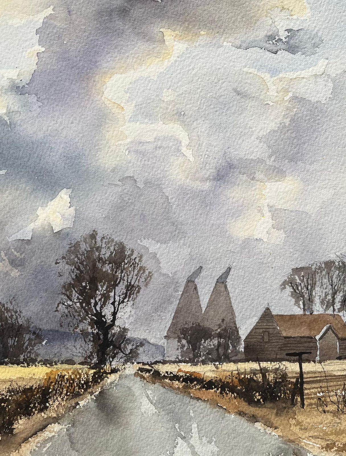 Anthony Avery British Impressionist Watercolor Of Country Road Leading To Farm Buildings photo for sale