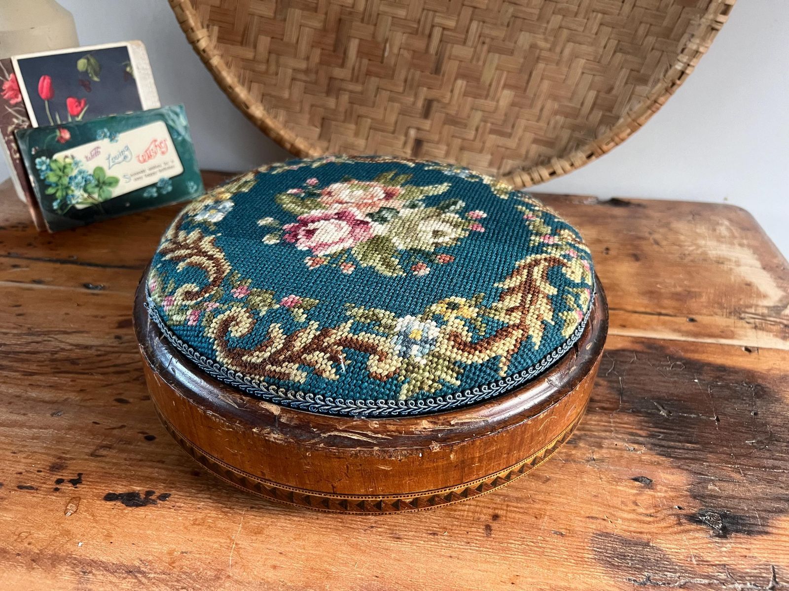 Antique Victorian Needlepoint Footstool With Tunbridge Ware Inlay Detail | Micro Mosaic Geometric Wood | Brass Ball Feet Stool | Patina Blue photo furniture